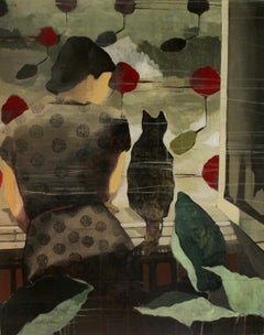 Ragazza con gatto che guarda fuori dalla finestra - Pittura, acrilico su tela