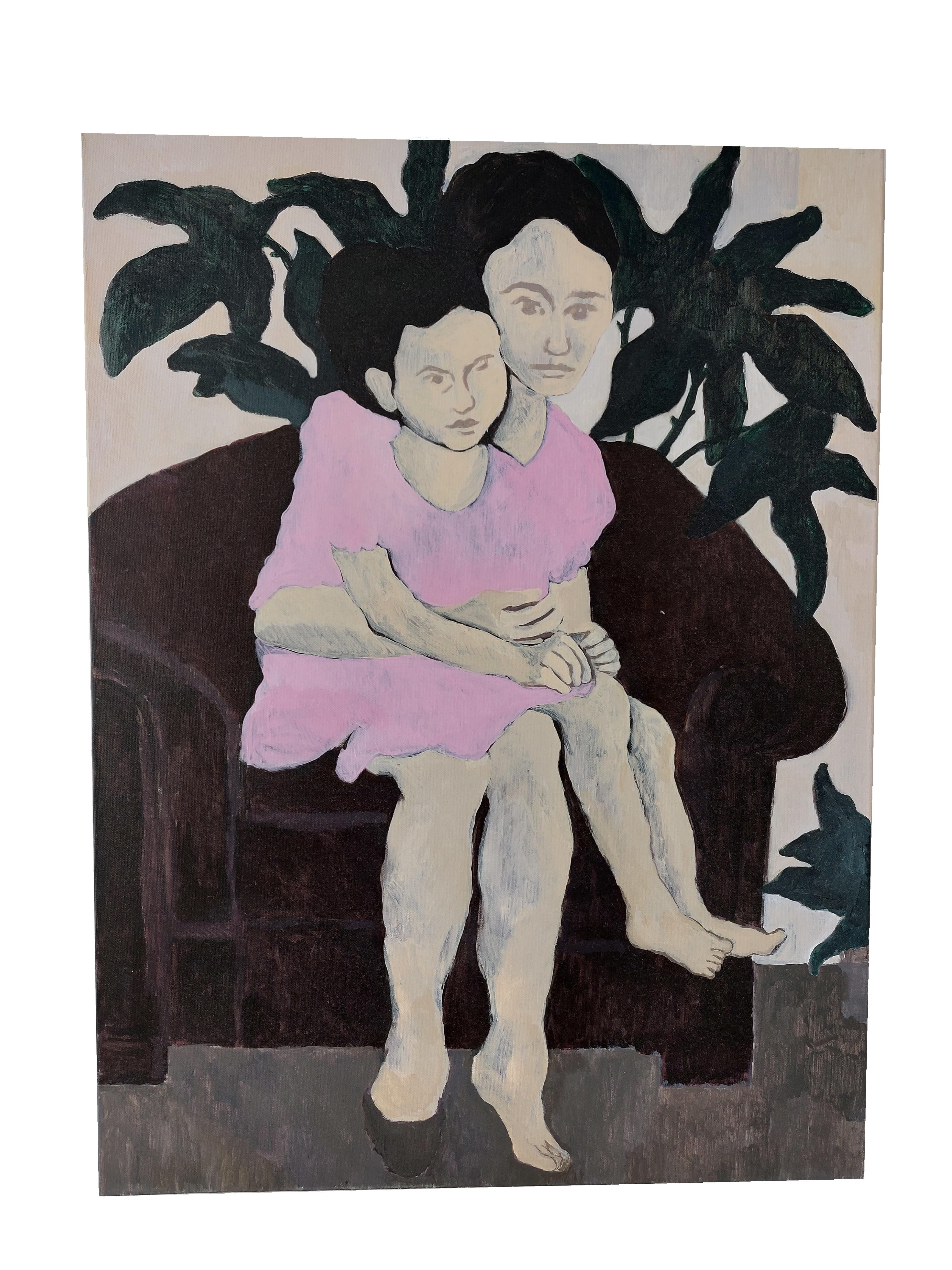 Madre e figlia - Pittura, Acrilico su tela - Figurative Painting Nero di Aliaa Essam
