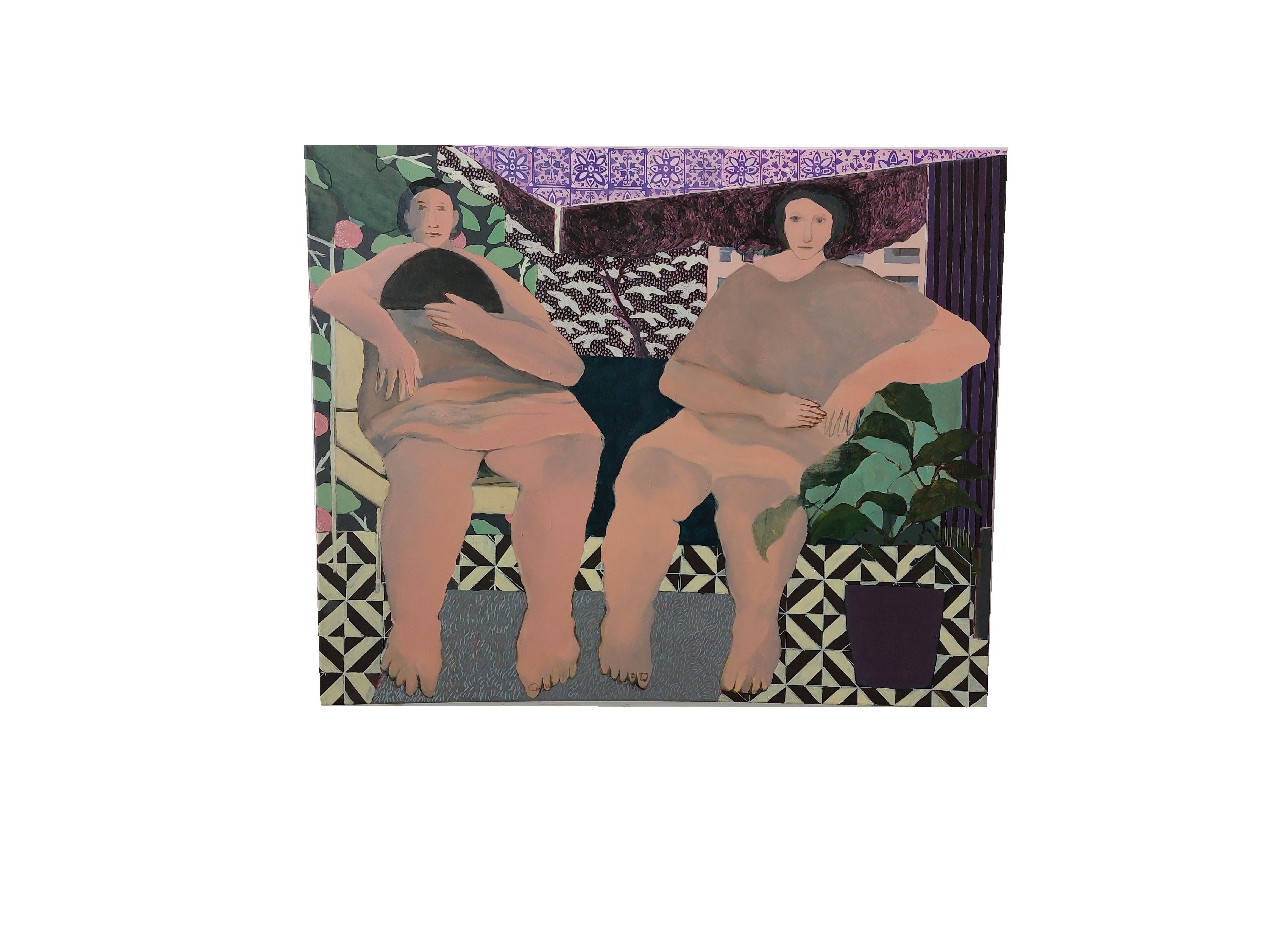 Due donne in una stanza - Pittura, Acrilico su tela - Painting di Aliaa Essam