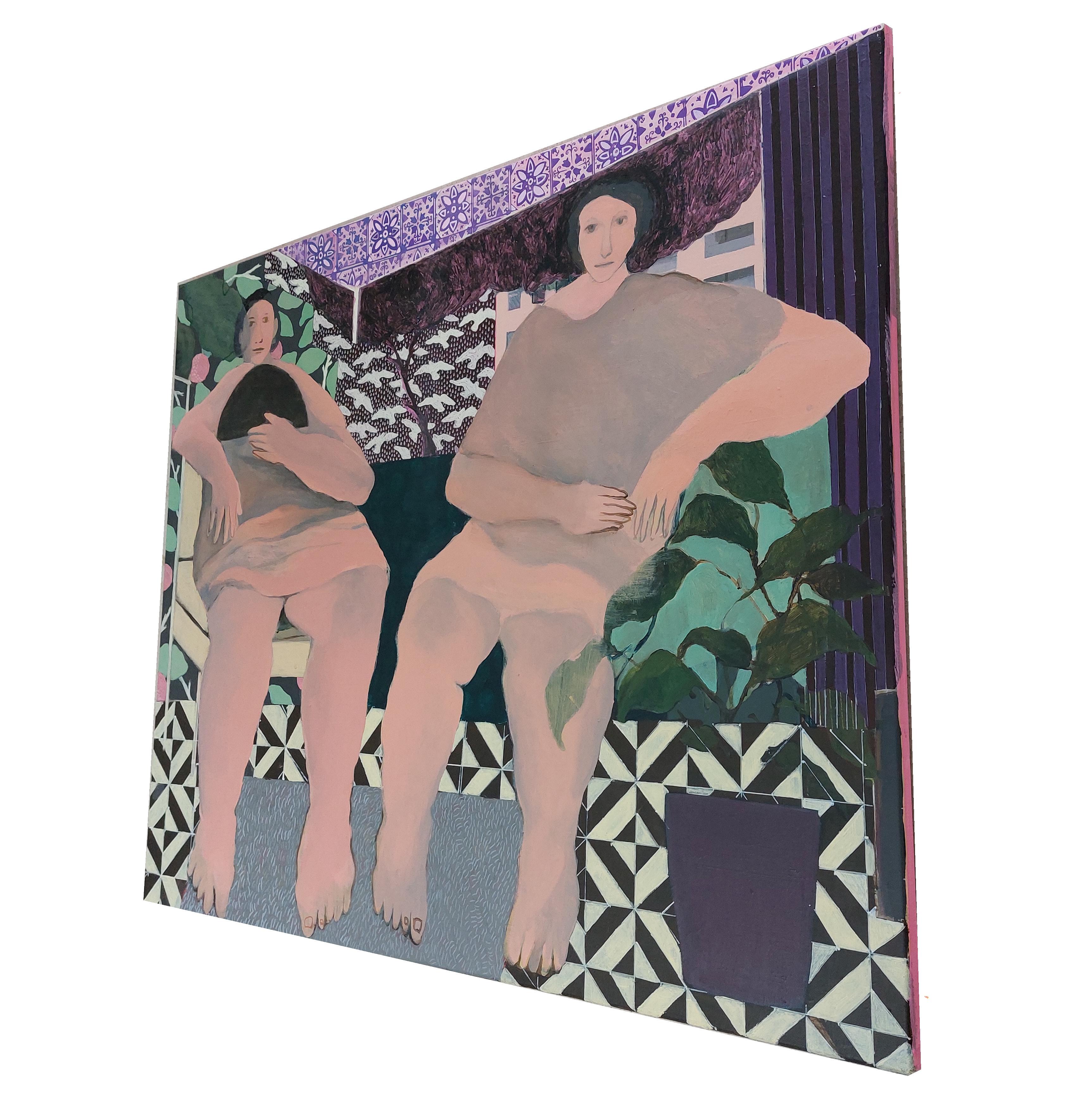 Due donne in una stanza - Pittura, Acrilico su tela - Figurative Painting Marrone di Aliaa Essam