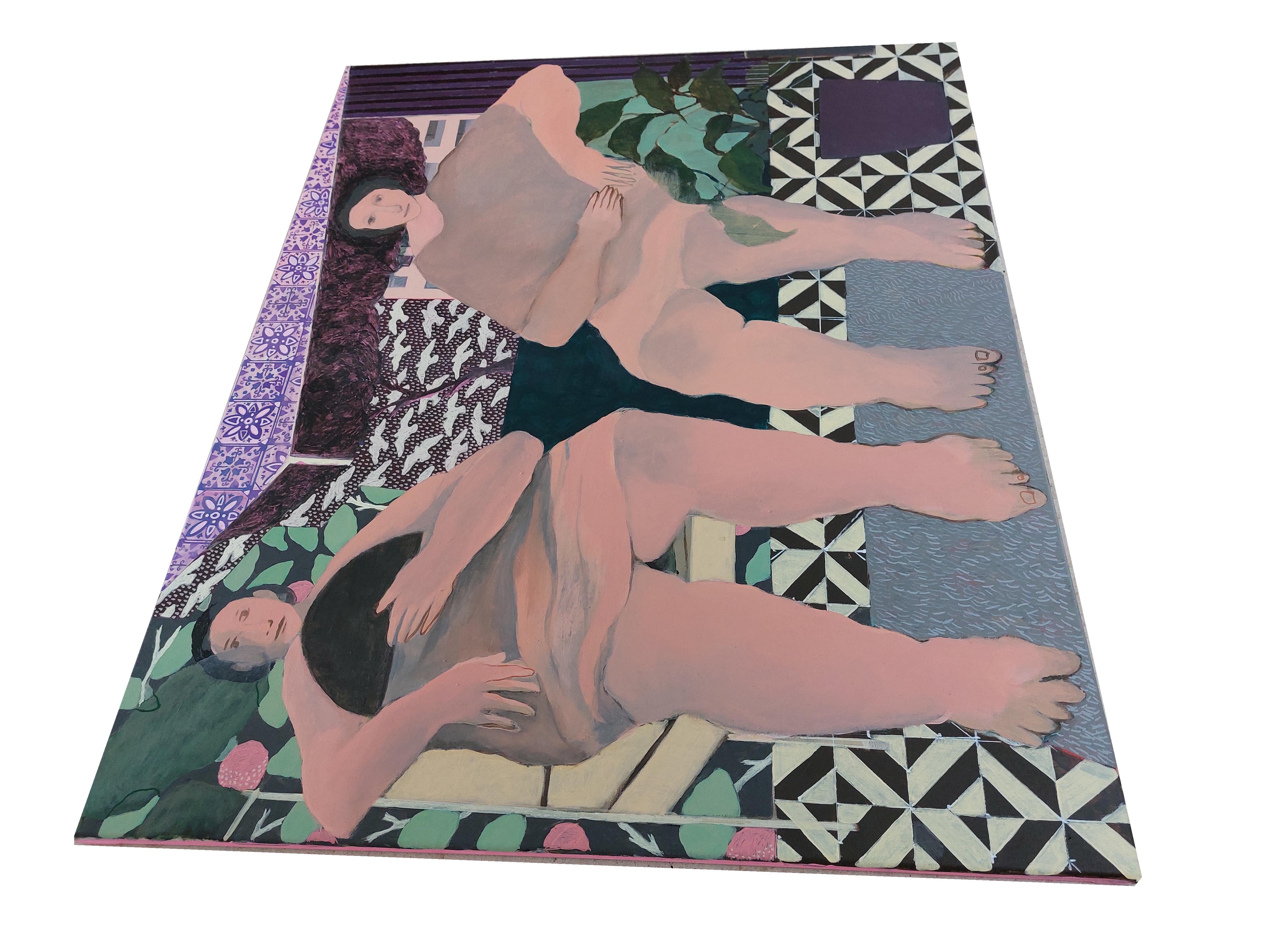 Due donne in una stanza - Pittura, Acrilico su tela in vendita 1