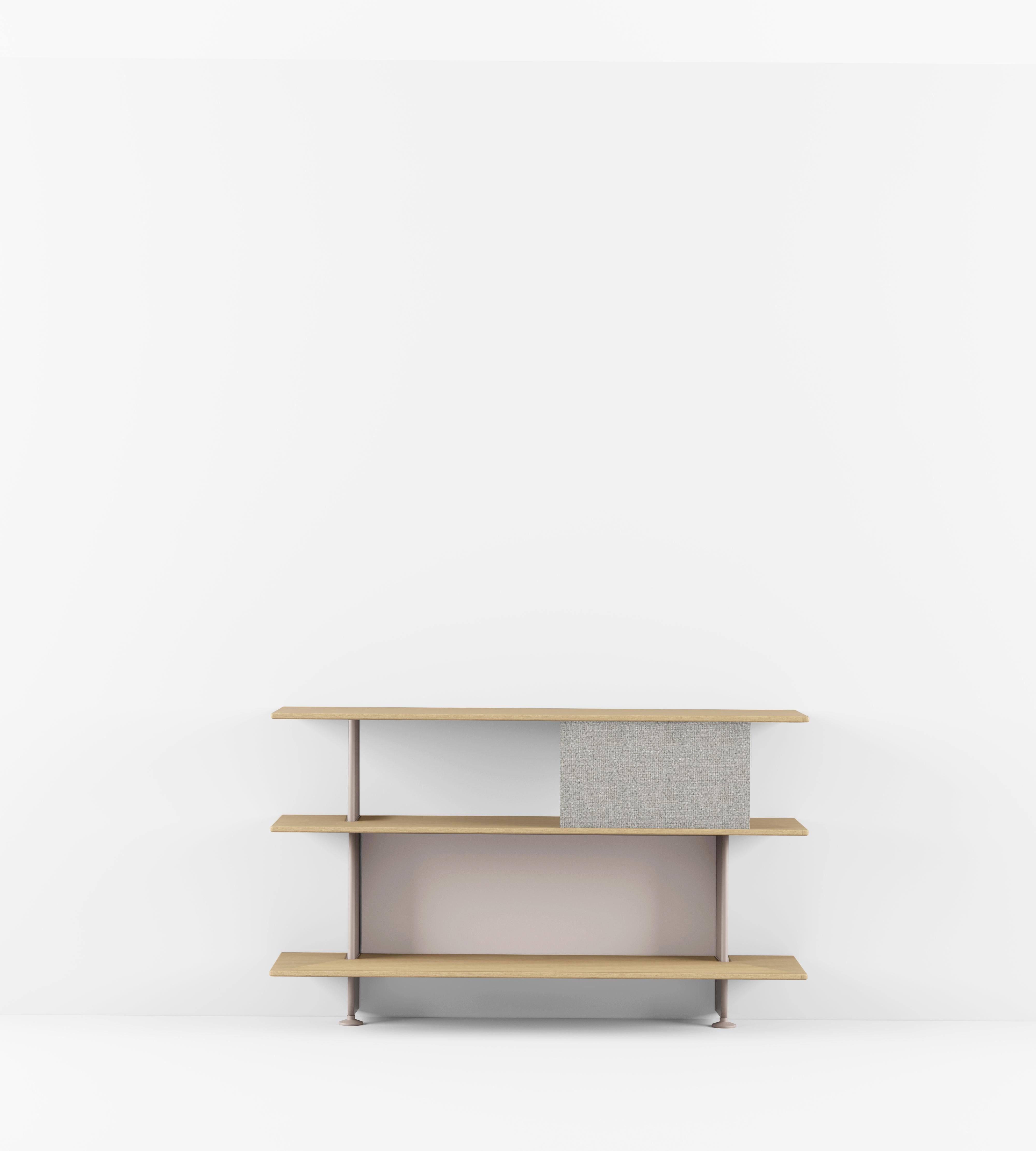 Sideboard with vertical elements in lacquered aluminium and shelves in oak veneered multilayer plywood.
Finish in natural oak wood, lacquered (whitened, Canaletto walnut, dark, ash grey) or coloured stains. Available in two depths: 28 cm or 38
