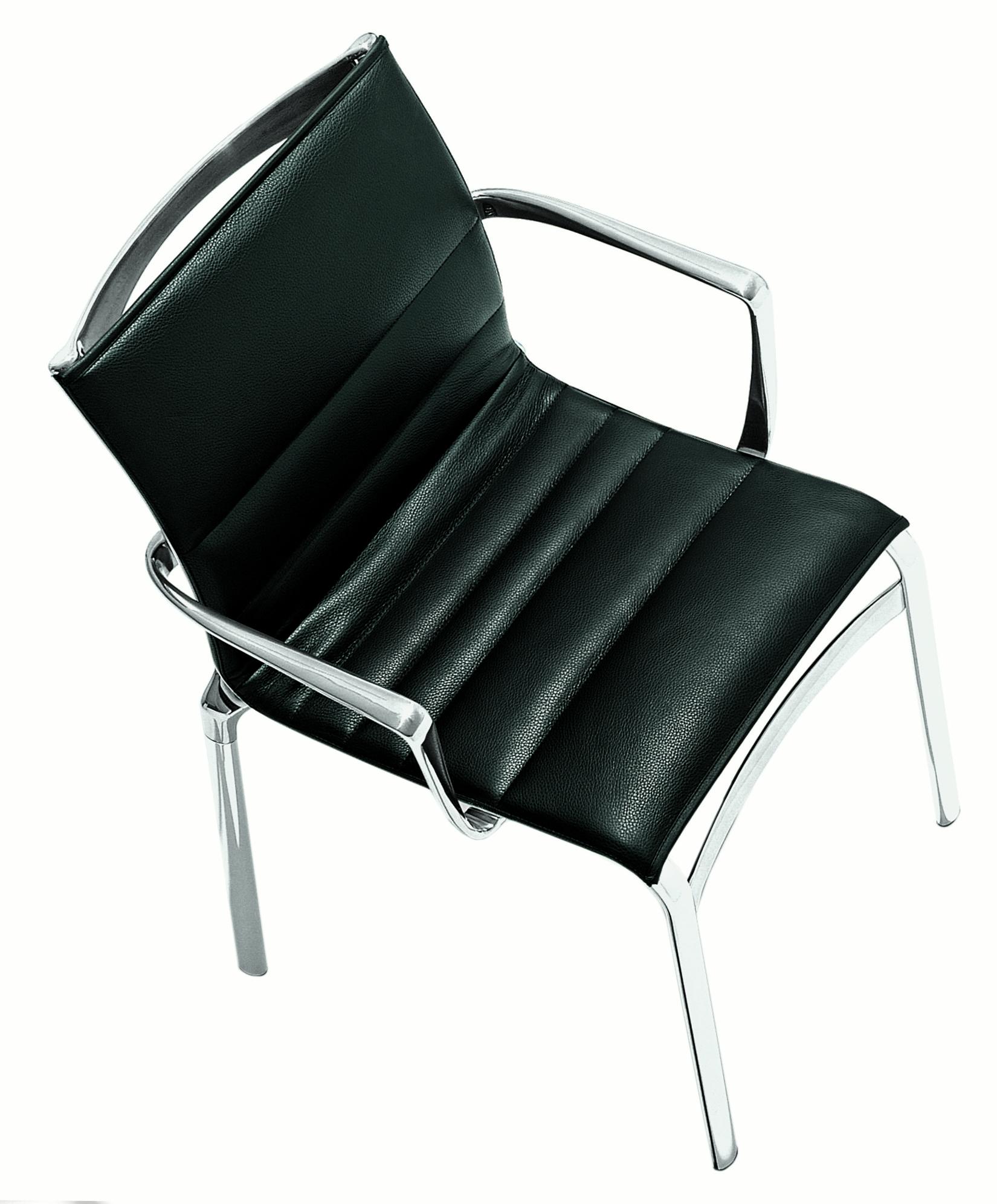 Alias 417 Highframe 40 Chair in Black Leather Seat with Chromed Aluminium Frame by Alberto Meda

Stacking chair with arms, structure composed of extruded aluminium profile and die-cast aluminium elements. Seat and back in fire retardant PVC