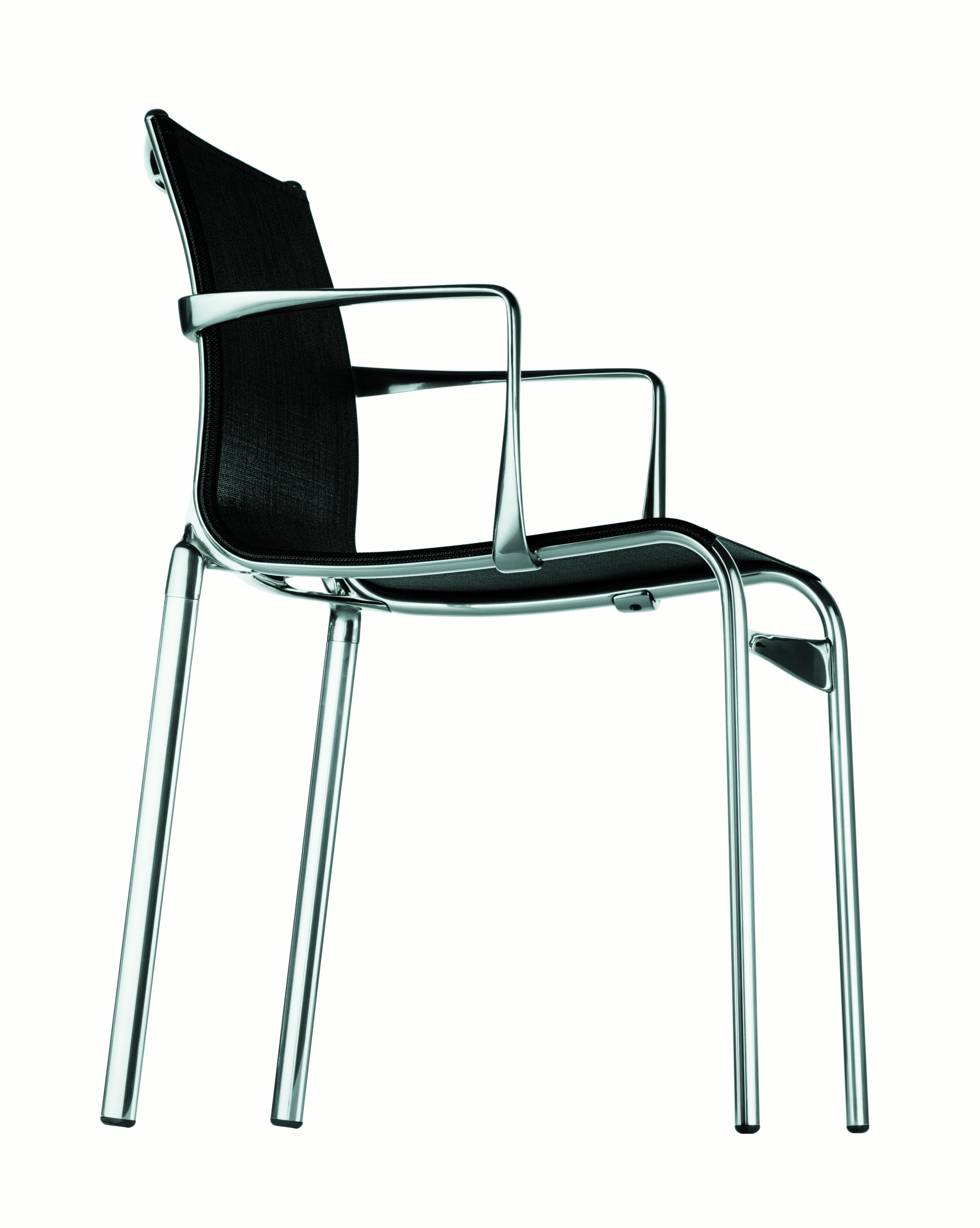 Alias 417 Highframe 40 Chair in Black Mesh Seat with Chromed Aluminium Frame by Alberto Meda

Stacking chair with arms, structure composed of extruded aluminium profile and die-cast aluminium elements. Seat and back in fire retardant PVC covered