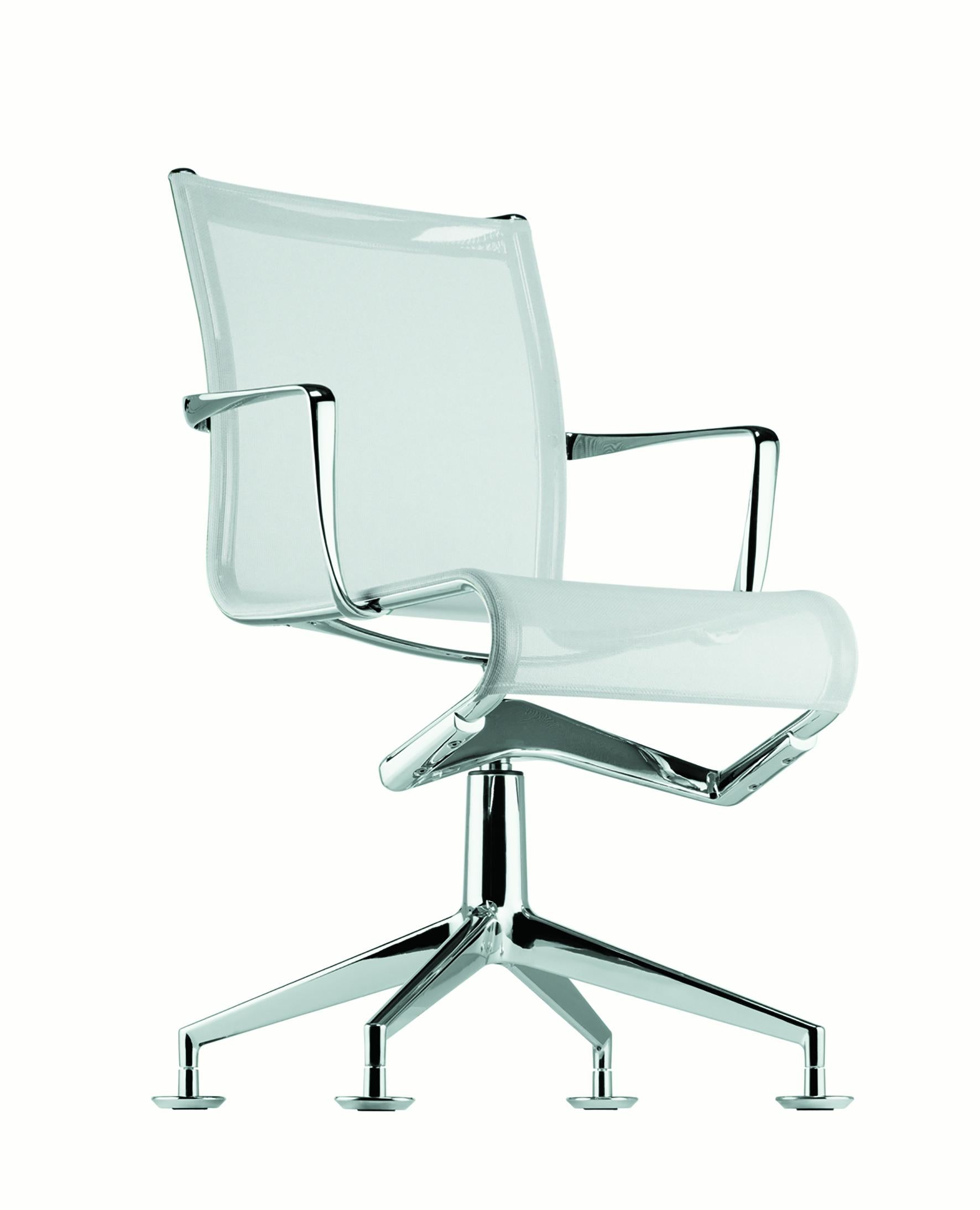 Alias 437 Meetingframe 44 Chair in White Mesh with Chromed Aluminum Frame by Alberto Meda

Self adjusting swivel chair with arms with 4-star base with glides. Structure made of extruded aluminium profile and die-cast aluminium elements. Seat and