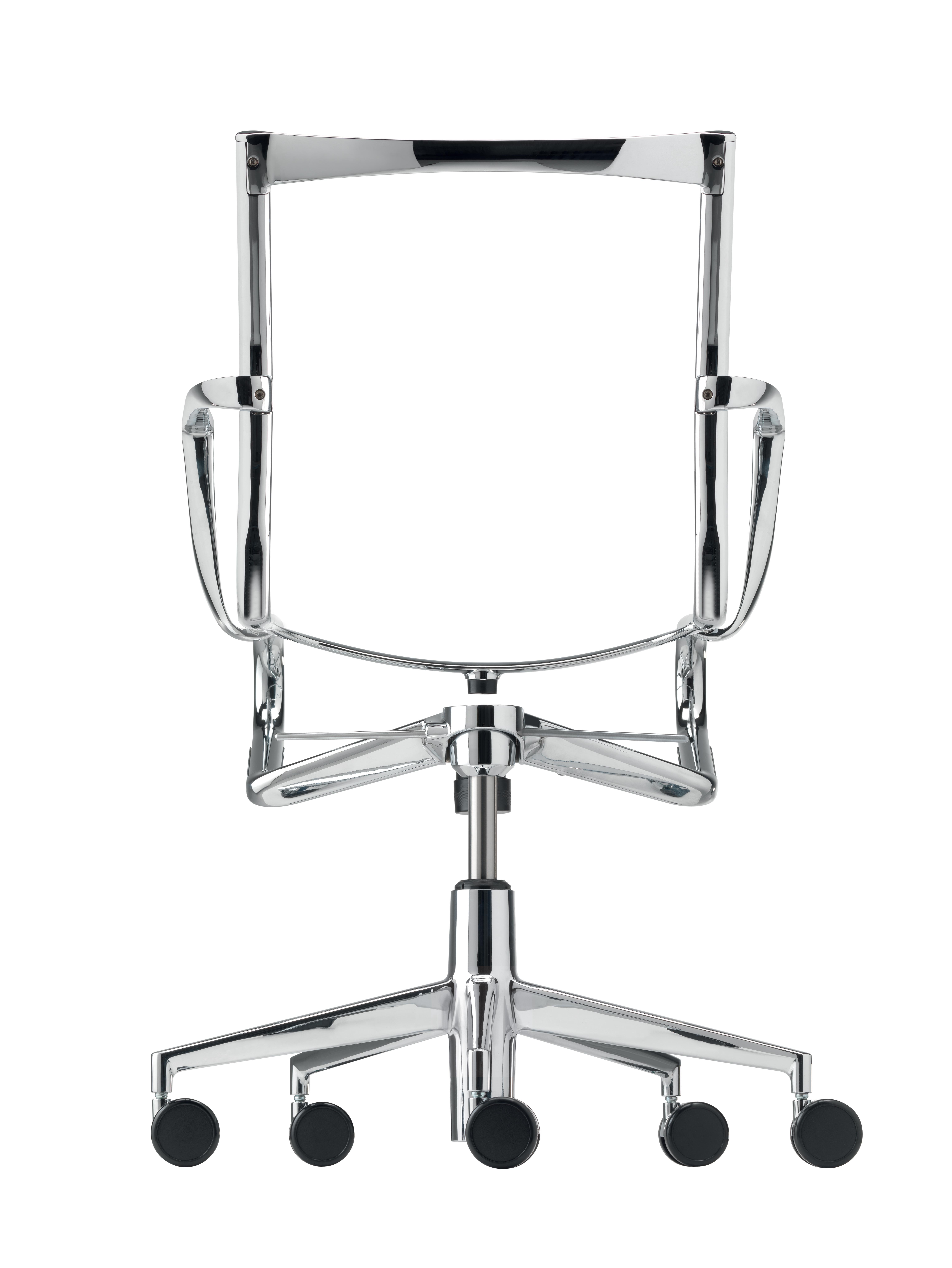 Alias 445 Rollingframe+ Tilt 47 Chair in Black Leather w Chromed Aluminium Frame by Alberto Meda

Height adjustable chair with arms, with soft (or hard or soft breaking ***) castors and 5-star swivel base with tilting mechanism. Structure made of