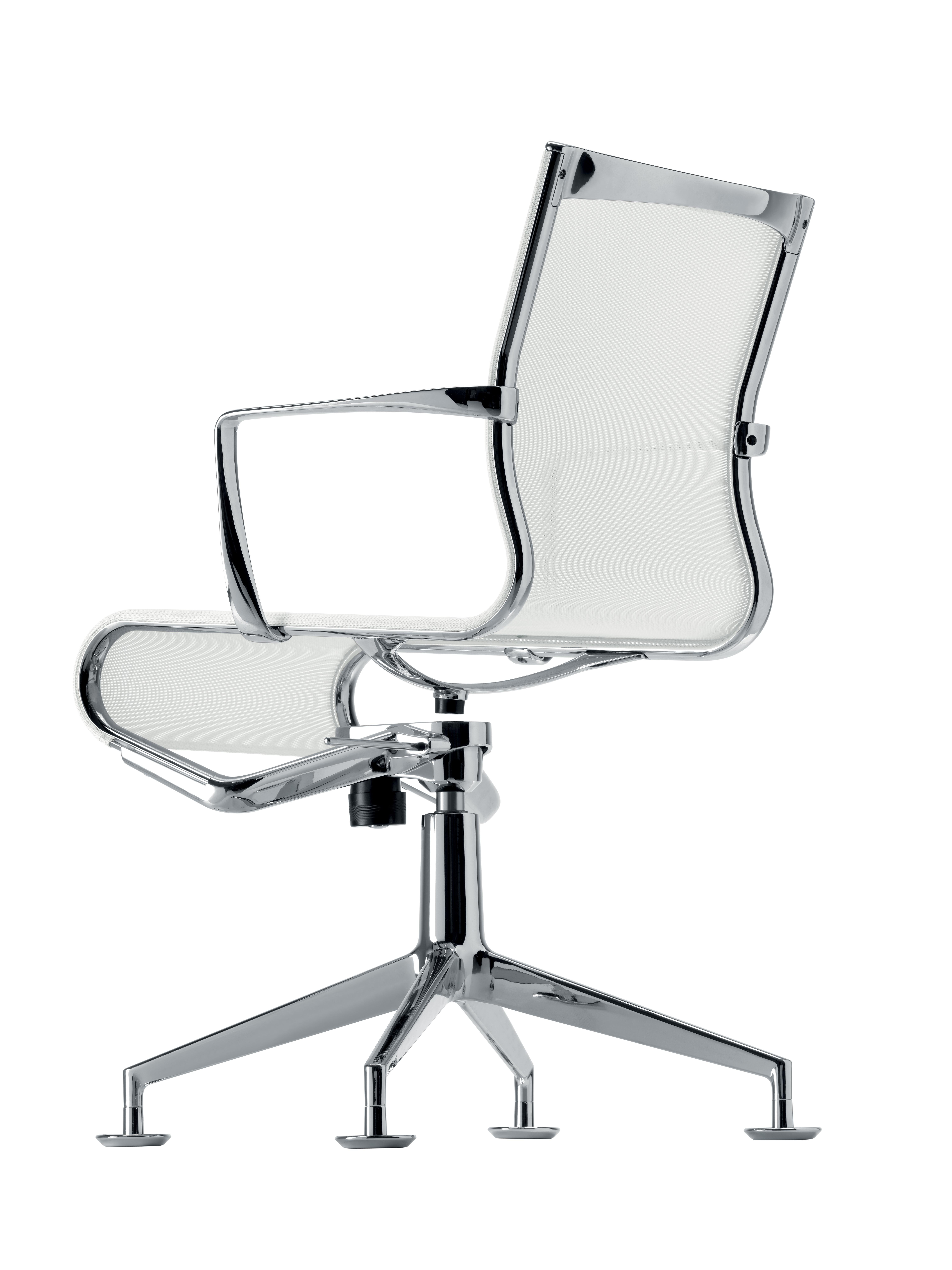Alias 447 Meetingframe+ Tilt 47 Chair in White Mesh with Chromed Aluminum Frame by Alberto Meda

Self adjusting swivel chair with arms, with 4-star base with glides and tilting mechanism. Structure made of extruded aluminium profile and die-cast