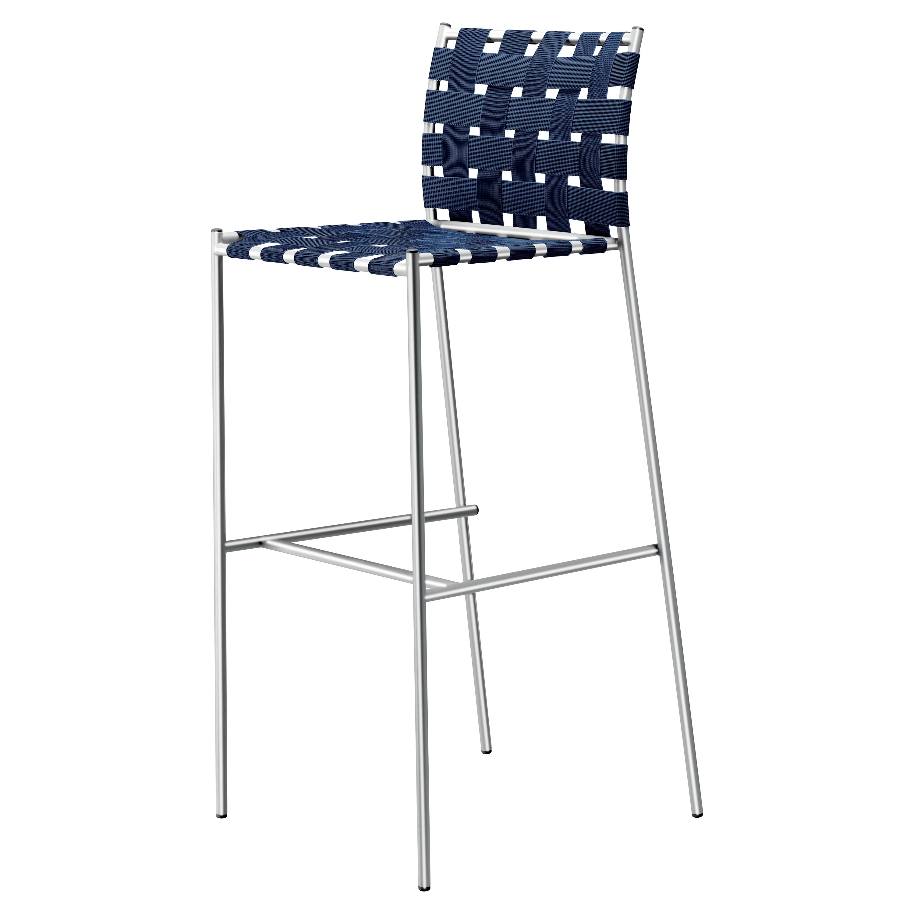 Sgabello alto per esterni Alias 719 Tagliatelle con seduta blu e struttura in acciaio inox
