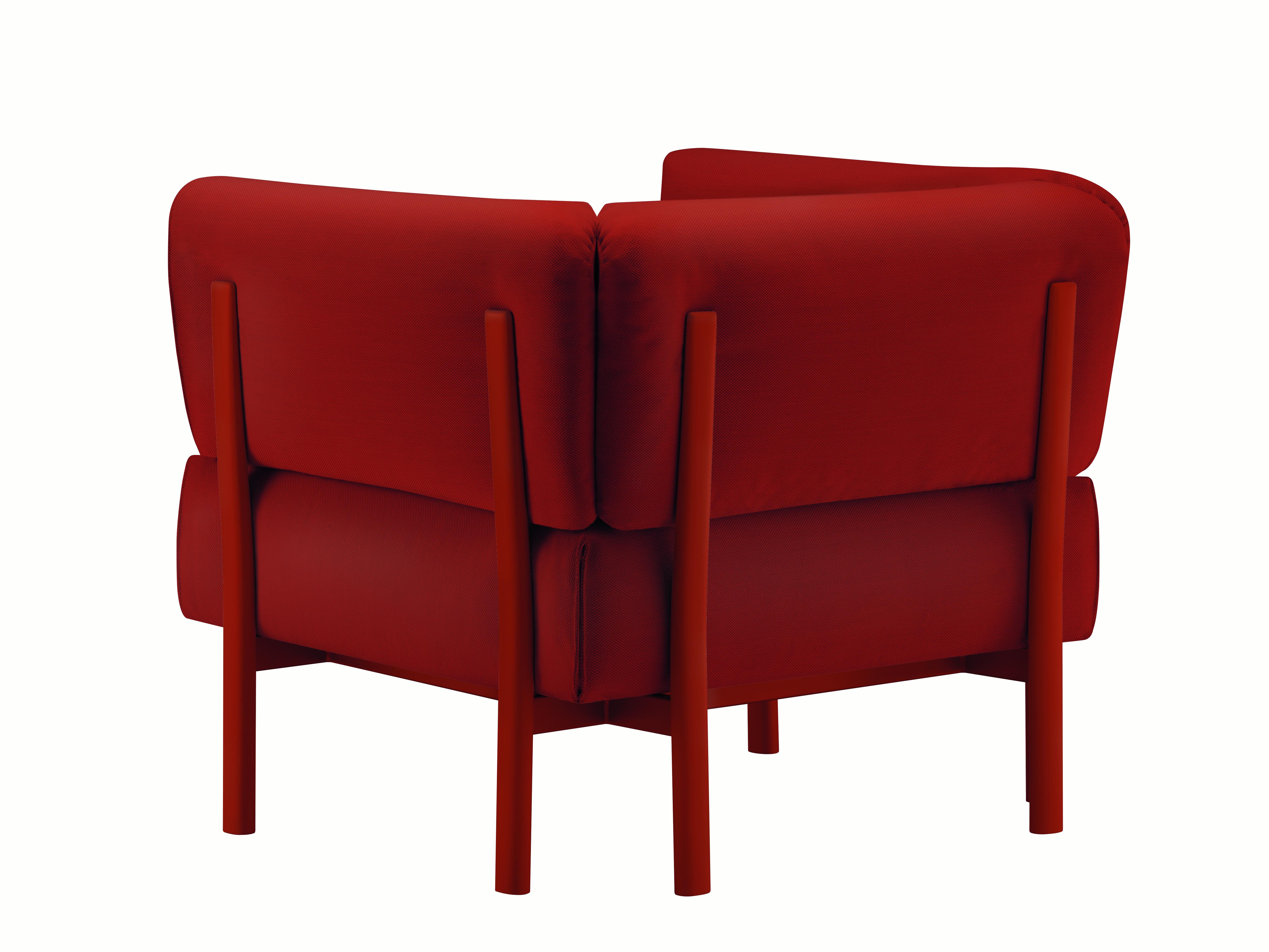 Alias 860 Eleven Armchair in Red Seat with Coral Red Lacquered Aluminum Frame by PearsonLloyd

Armchair with die-cast aluminium legs and steel frame with elastic belts. Seat cushion, back and arms in polyurethane with removable cover in fabric or