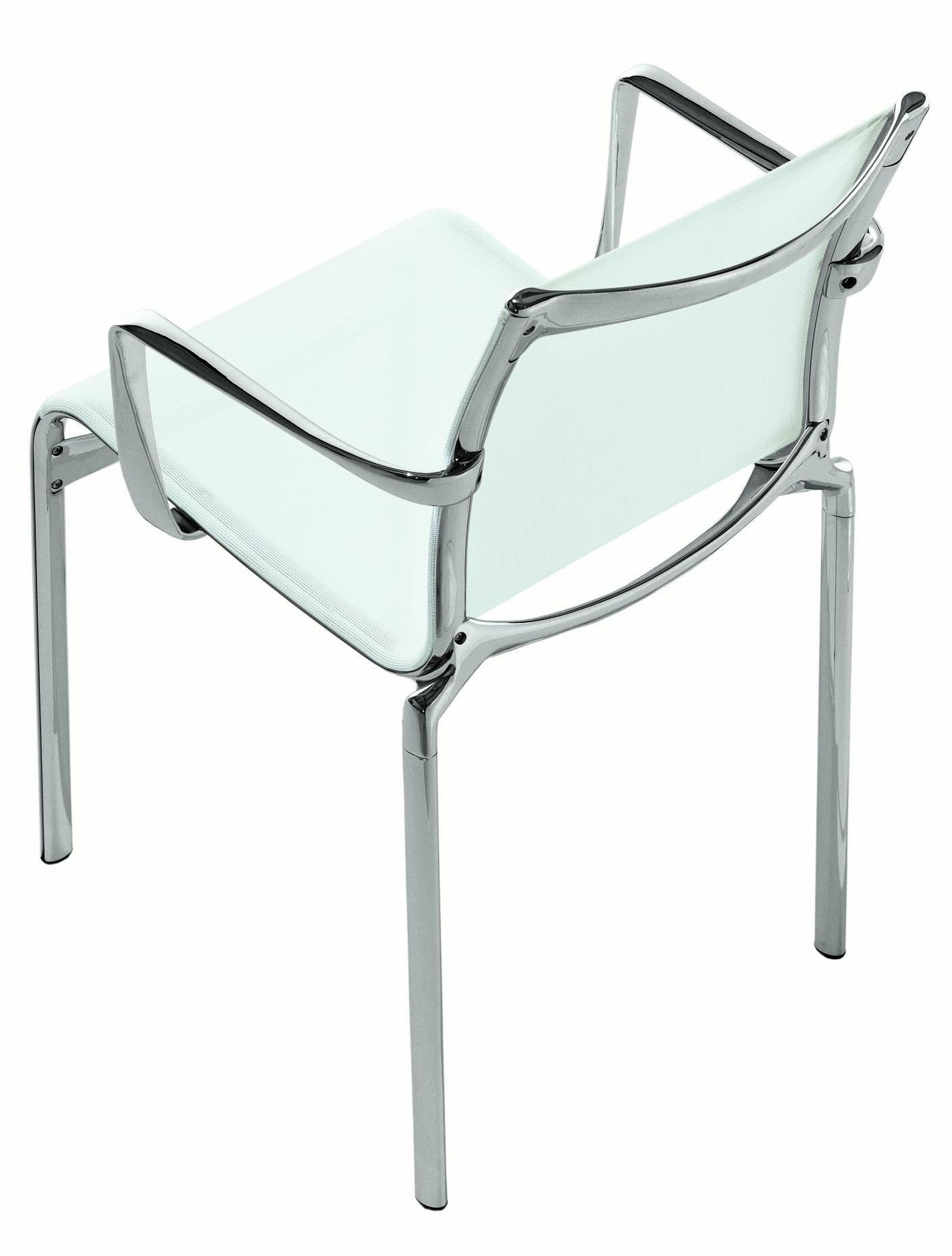 Alias Bigframe 44 Armchair in White Mesh Seat with Chromed Aluminium Frame by Alberto Meda

Stacking chair with arms, structure composed of extruded aluminium profile and die-cast aluminium elements. Seat and back in fire retardant PVC covered