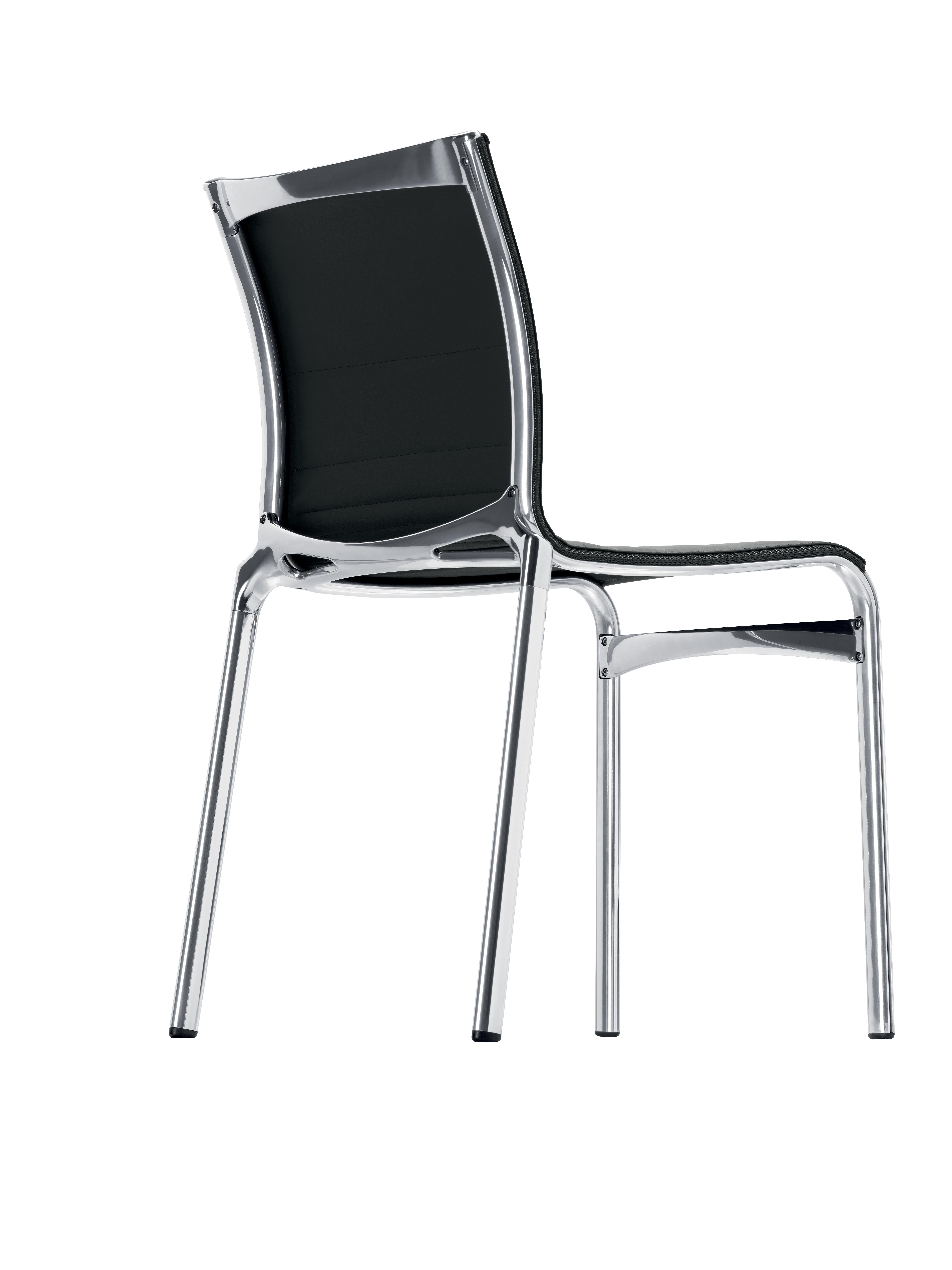 Alias Bigframe 44 Chair in Black Leather Upholstery with Chromed Aluminium Frame by Alberto Meda

Stacking chair with structure made of extruded aluminium profile and die-cast aluminium elements. Seat and back in fire retardant PVC covered