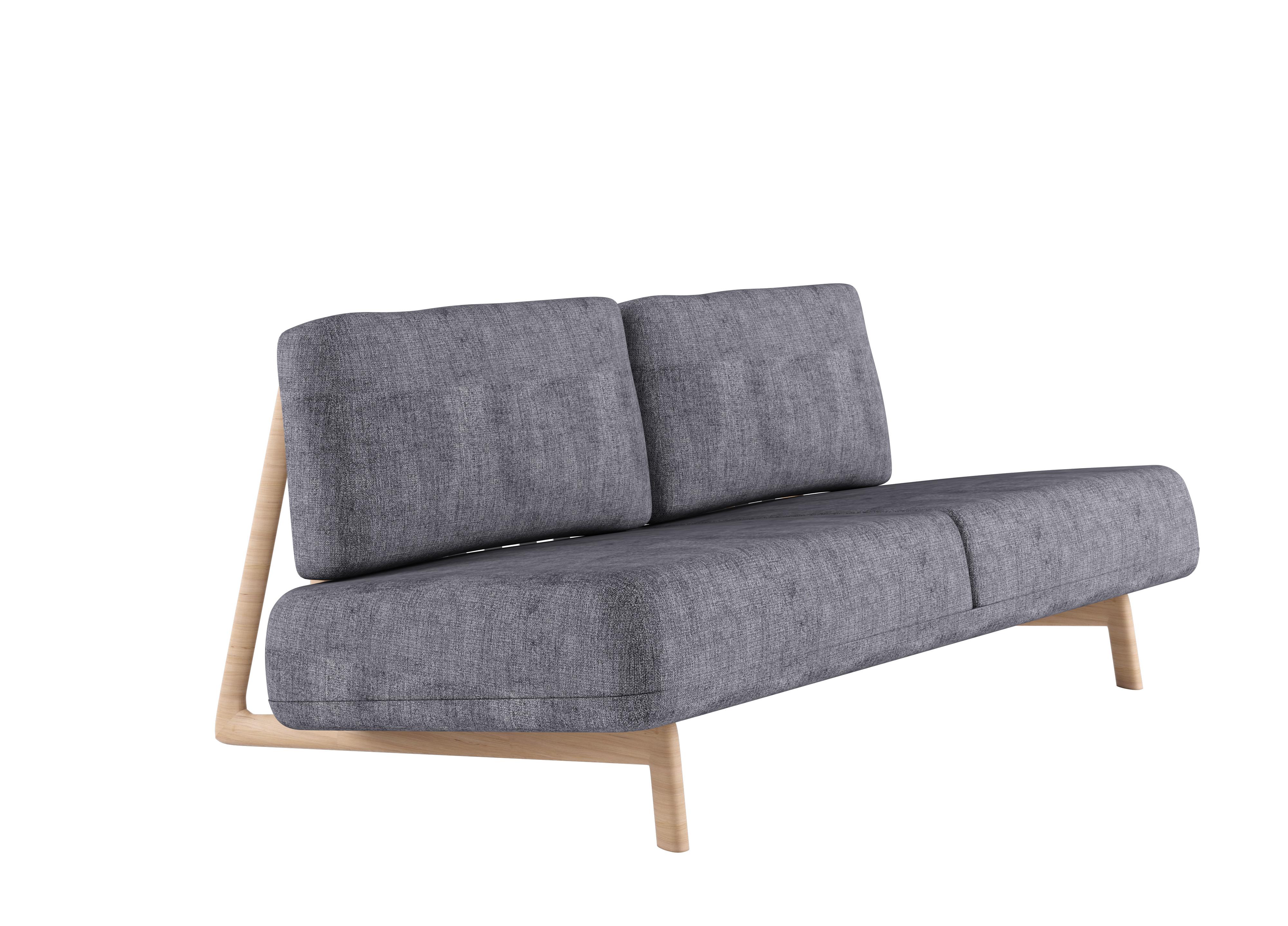 Alias D20 Trigono Two Seater Sofa in Grey Upholstery with Natural Oak Frame by Michele De Lucch

Two-seater sofa with structure in solid oak and belts in fabric or leather.Seat and back combined with removable cover in fabric or leather.NOTES: the
