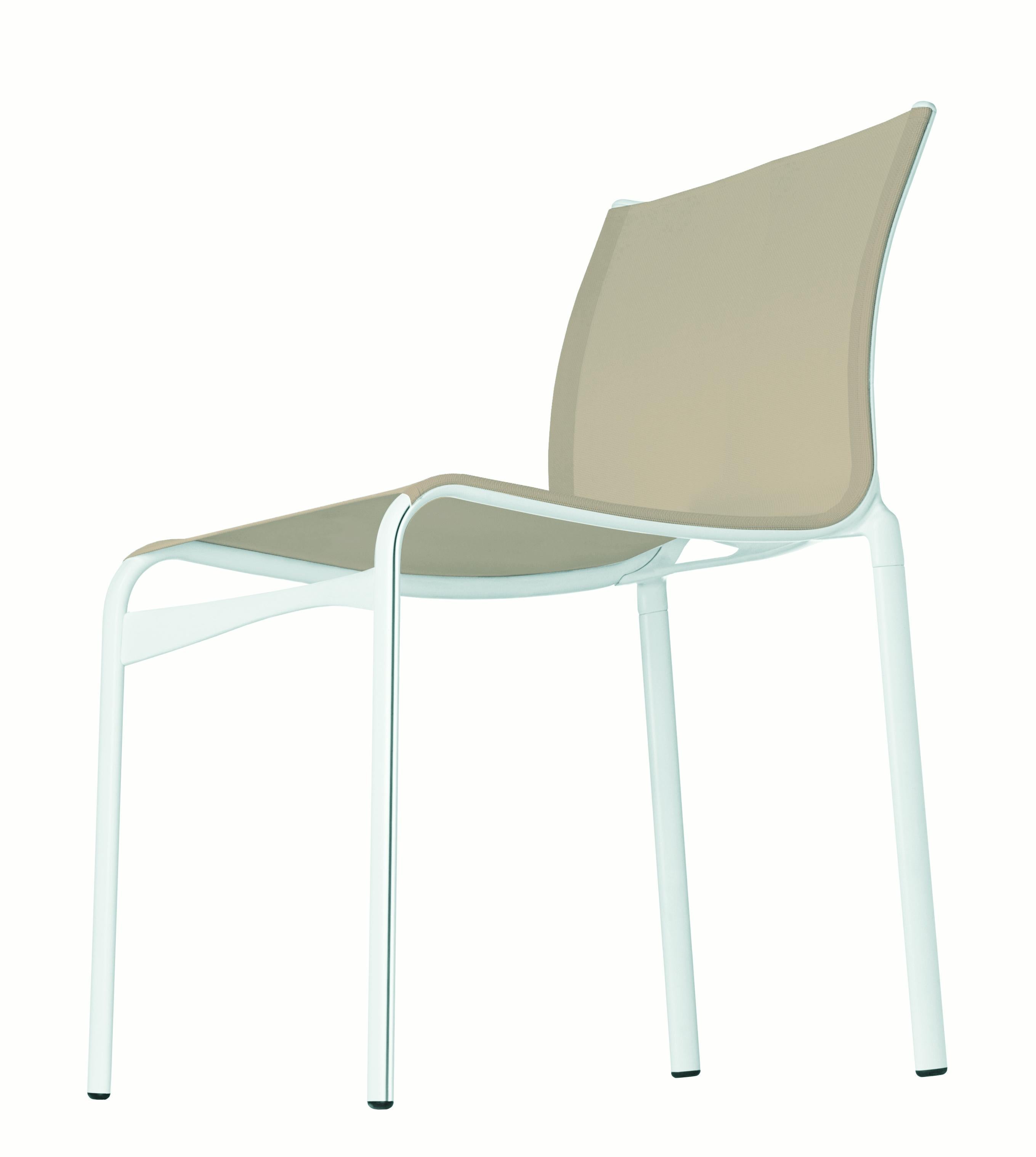 Alias Frame 52 Chair in Sand Mesh Seat with White Lacquered Aluminium Frame by Alberto Meda

Stacking chair with structure made of extruded aluminium profile and die-cast aluminium elements, seat and back in fire retardant PVC covered polyester