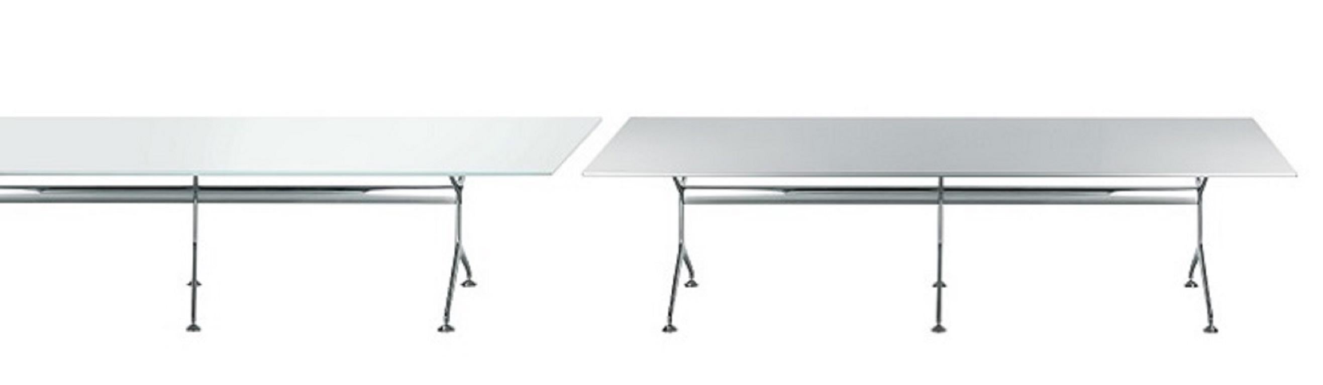 Alias Frametable 295XL in White Top and Polished Aluminium Frame by Alberto Meda

Fixed table with structure made of die-cast aluminium elements, with lacquered or polished finish.
Top in: - Extra light tempered glass, thickness 12 mm (lying
