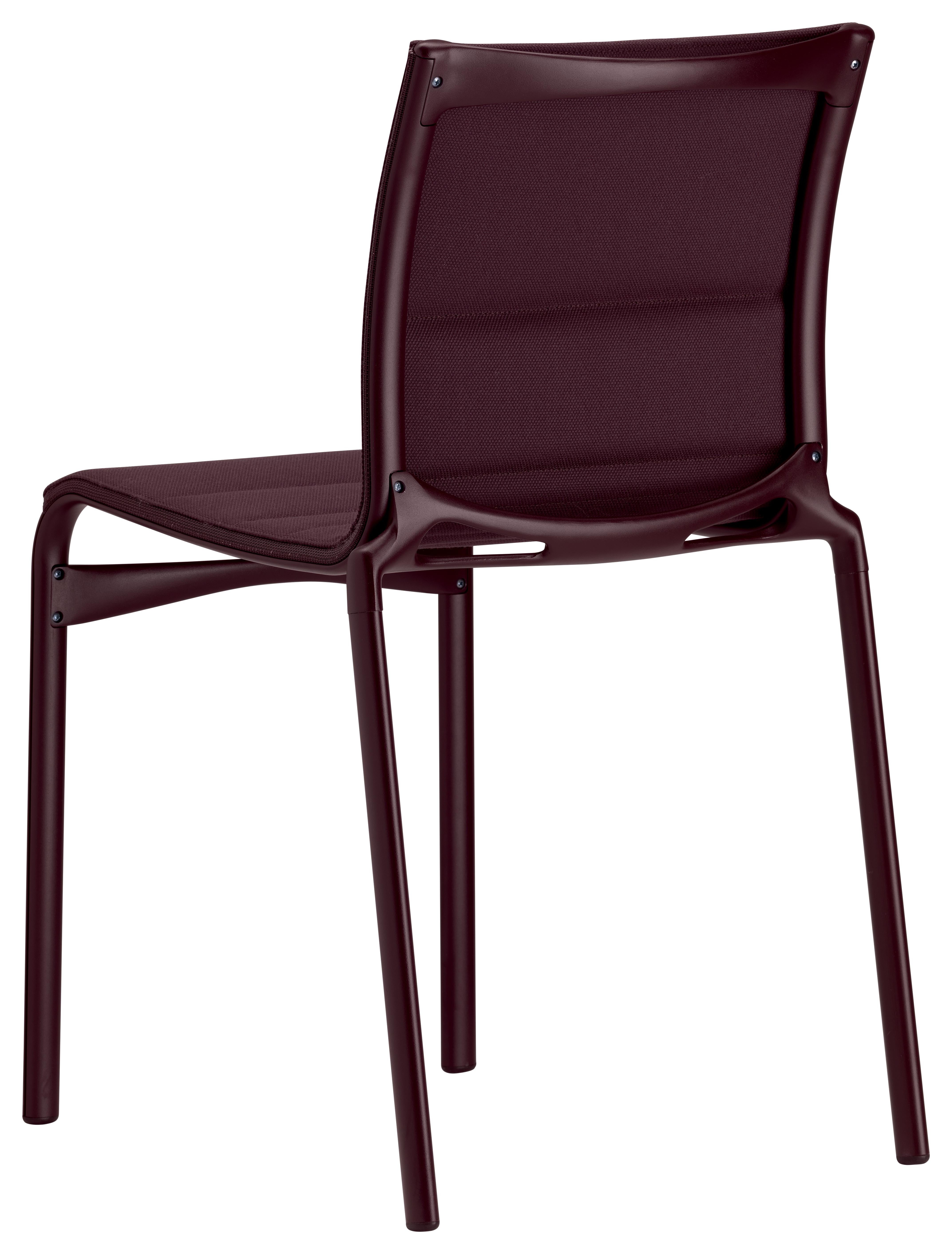 Alias Highframe 40 Chair in Purple Seat with Aubergine Lacquered Aluminium Frame by Alberto Meda

Stacking chair with structure composed of extruded aluminium profile and die-cast aluminium elements. Seat and back in fire retardant PVC covered