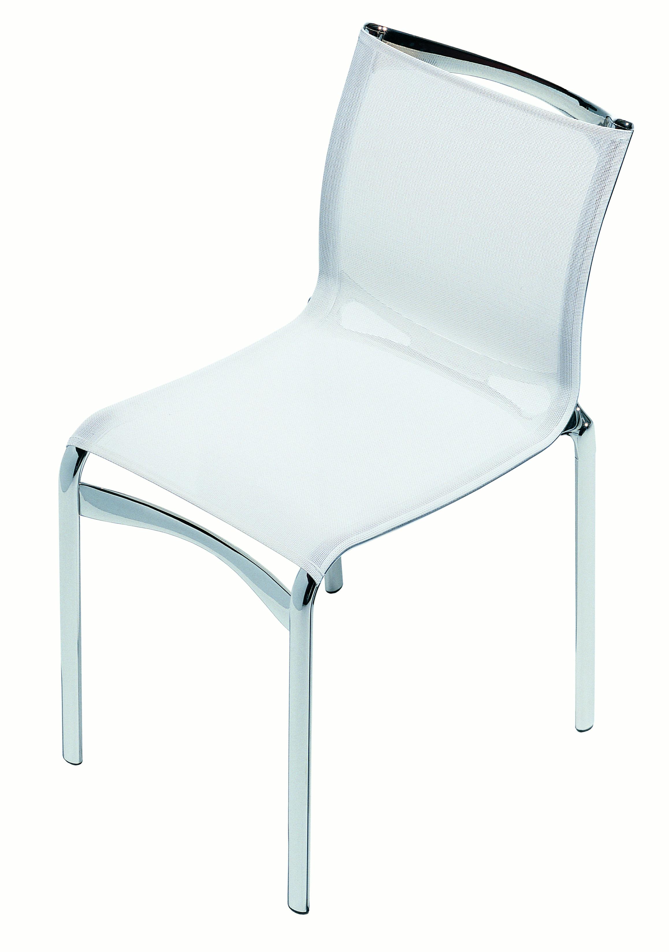 Alias Highframe 40 Chair in White Mesh Seat with Chromed Aluminium Frame by Alberto Meda

Stacking chair with structure composed of extruded aluminium profile and die-cast aluminium elements. Seat and back in fire retardant PVC covered polyester