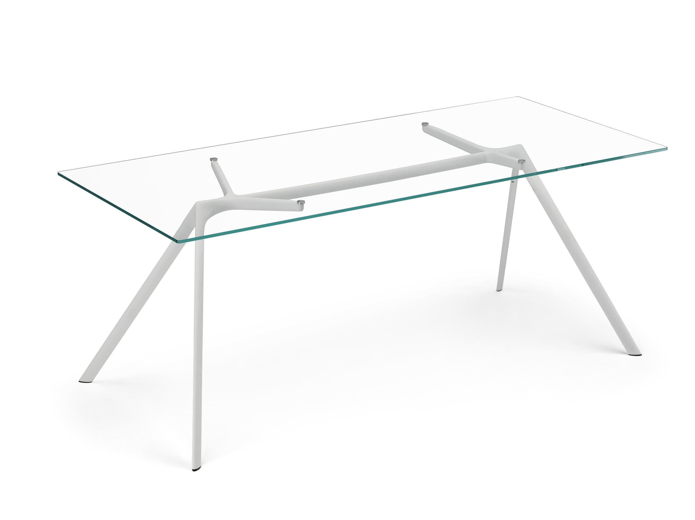 Alias Large Dry 45A Table in Glass Top with White Lacquered Aluminium Frame by Alberto Meda

Table with structure made of lacquered aluminium elements. Top in extra light tempered glass, thickness 10 mm. Available with predisposition for cable