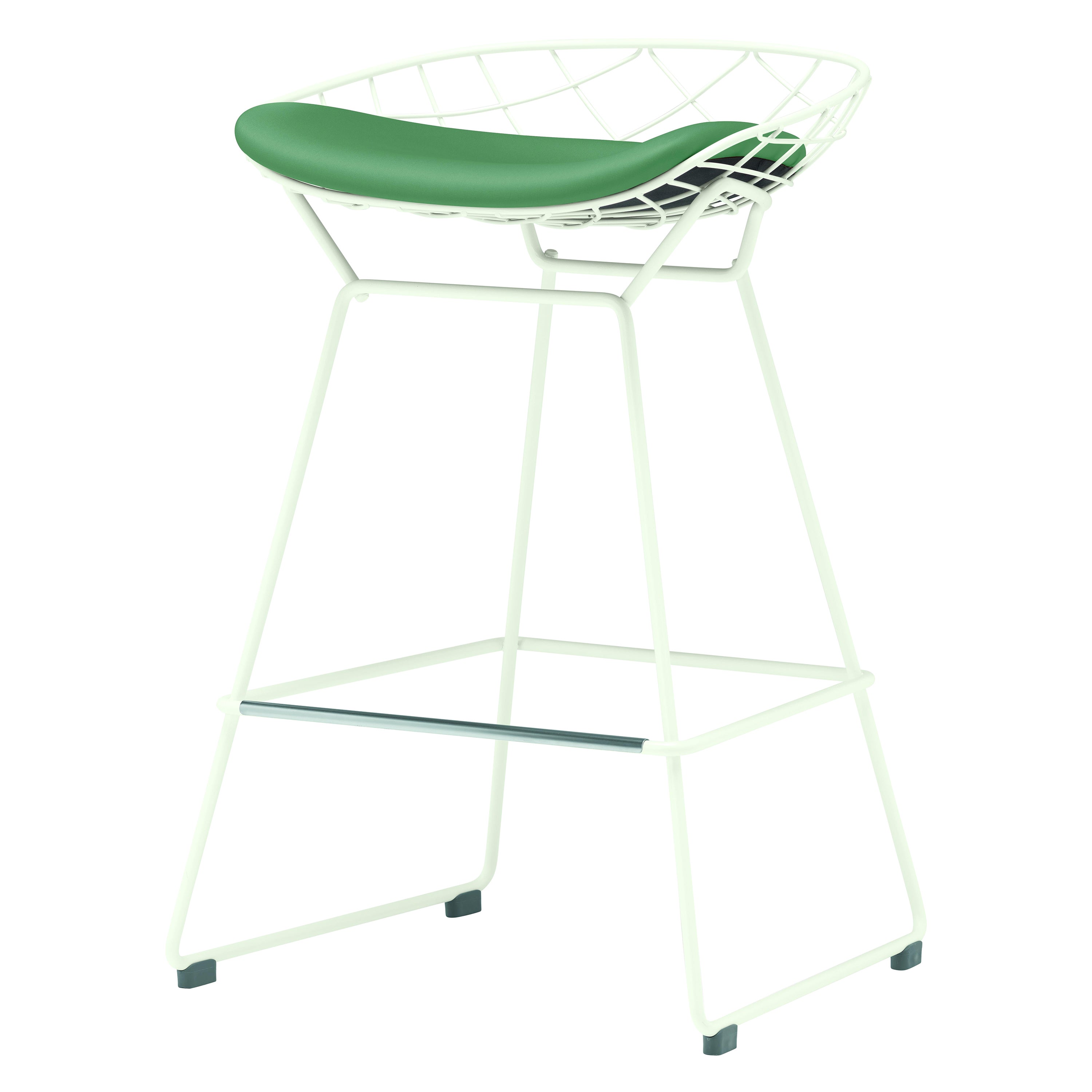 Taburete de exterior Alias N02 Kobi, asiento de piel verde y estructura lacada en blanco