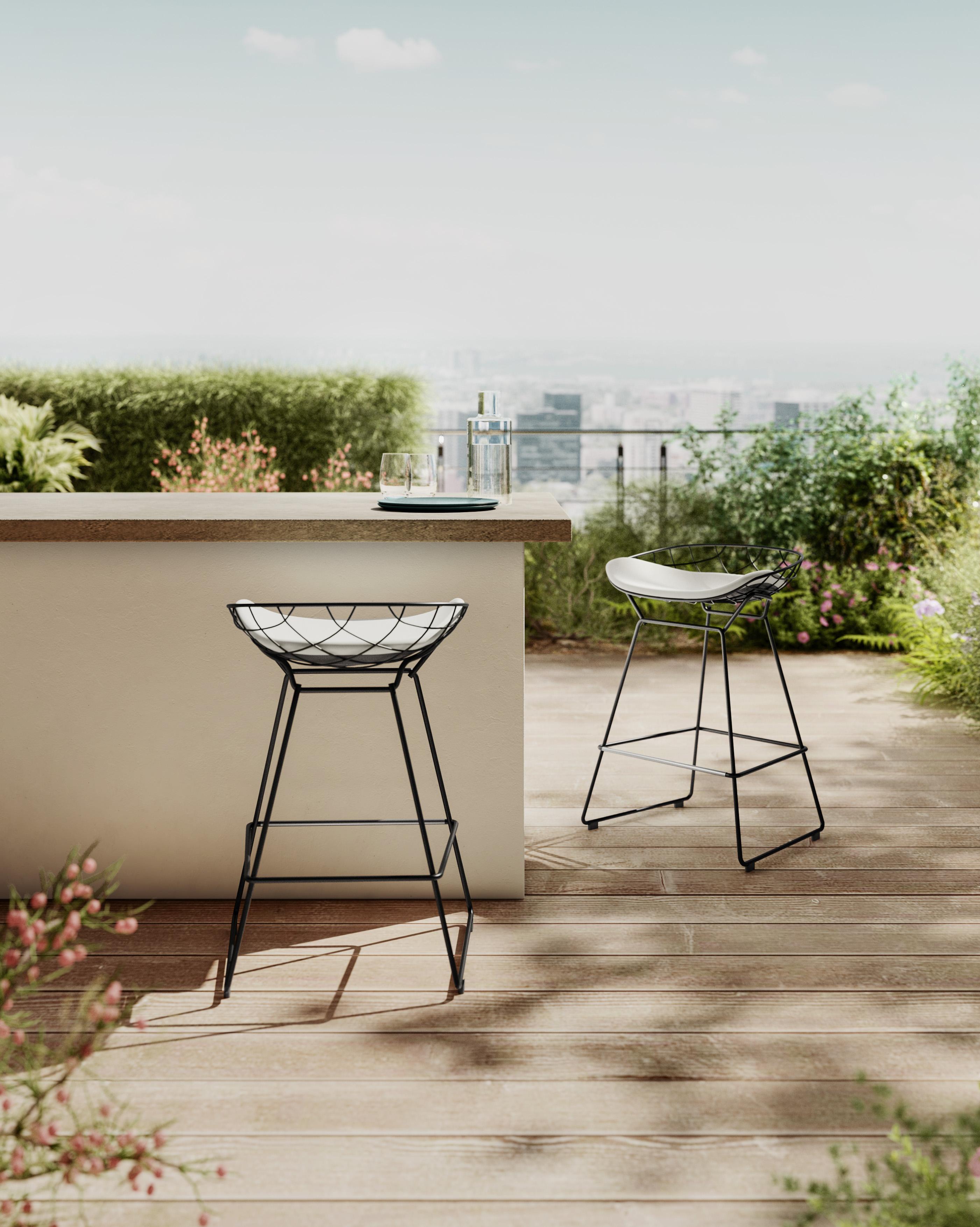 Alias N02 Kobi Outdoor Stool in Orange Leather Seat with White Lacquered Frame by Patrick Norguet

Medium height stool for outdoor use in lacquered steel. Pad in expanded polyurethane covered with Tempotest® or Alias® fabric or Serge Ferrari®