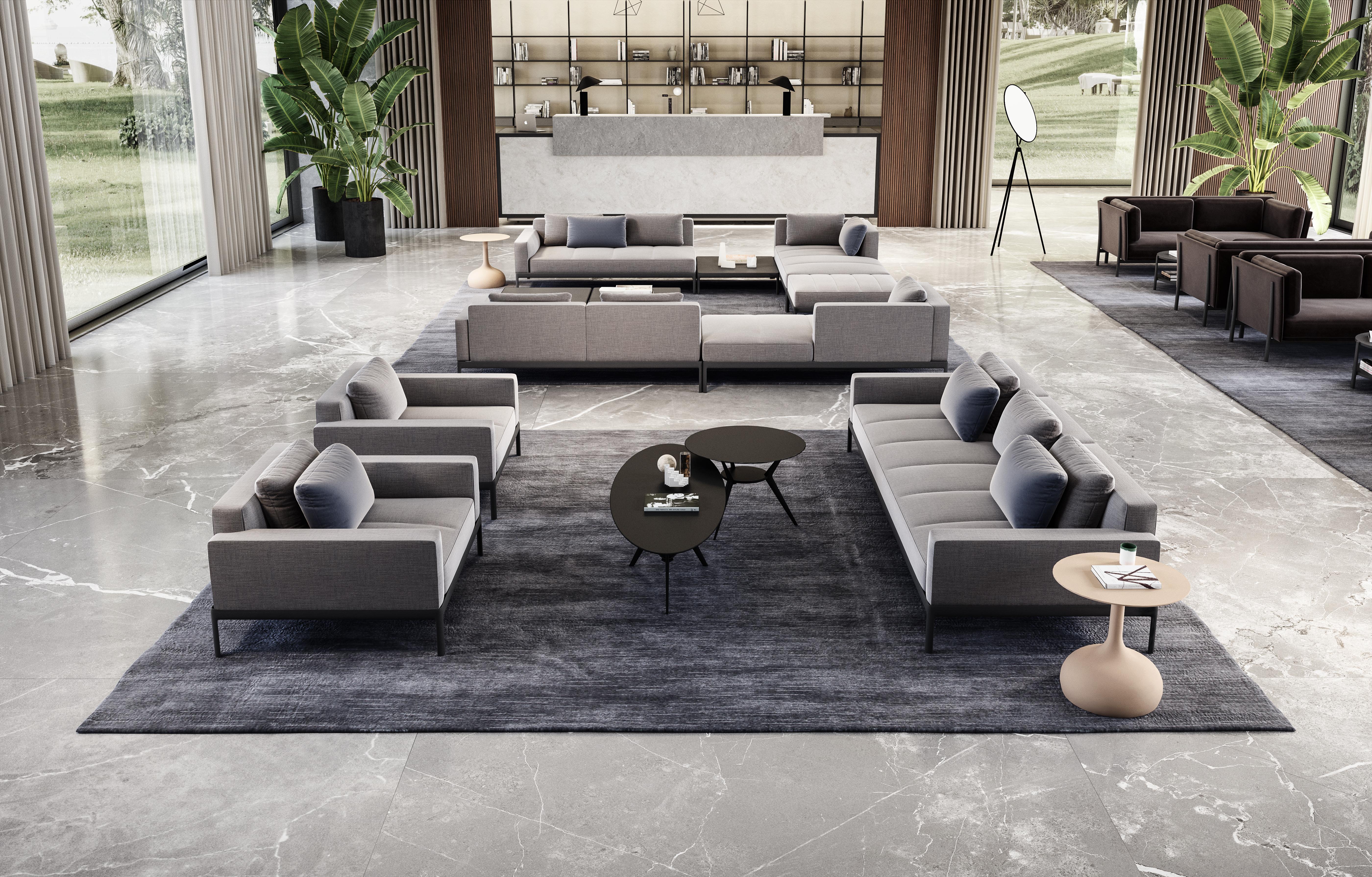 Alias P15+P04+P08 AluZen Sectional Sofa in Upholstery & Polished Aluminium Frame by Ludovica & Roberto Palomba

Coffee table with round lacquered mdf or marble top.Small table fixed to the structure of the aluzen elements through a matching