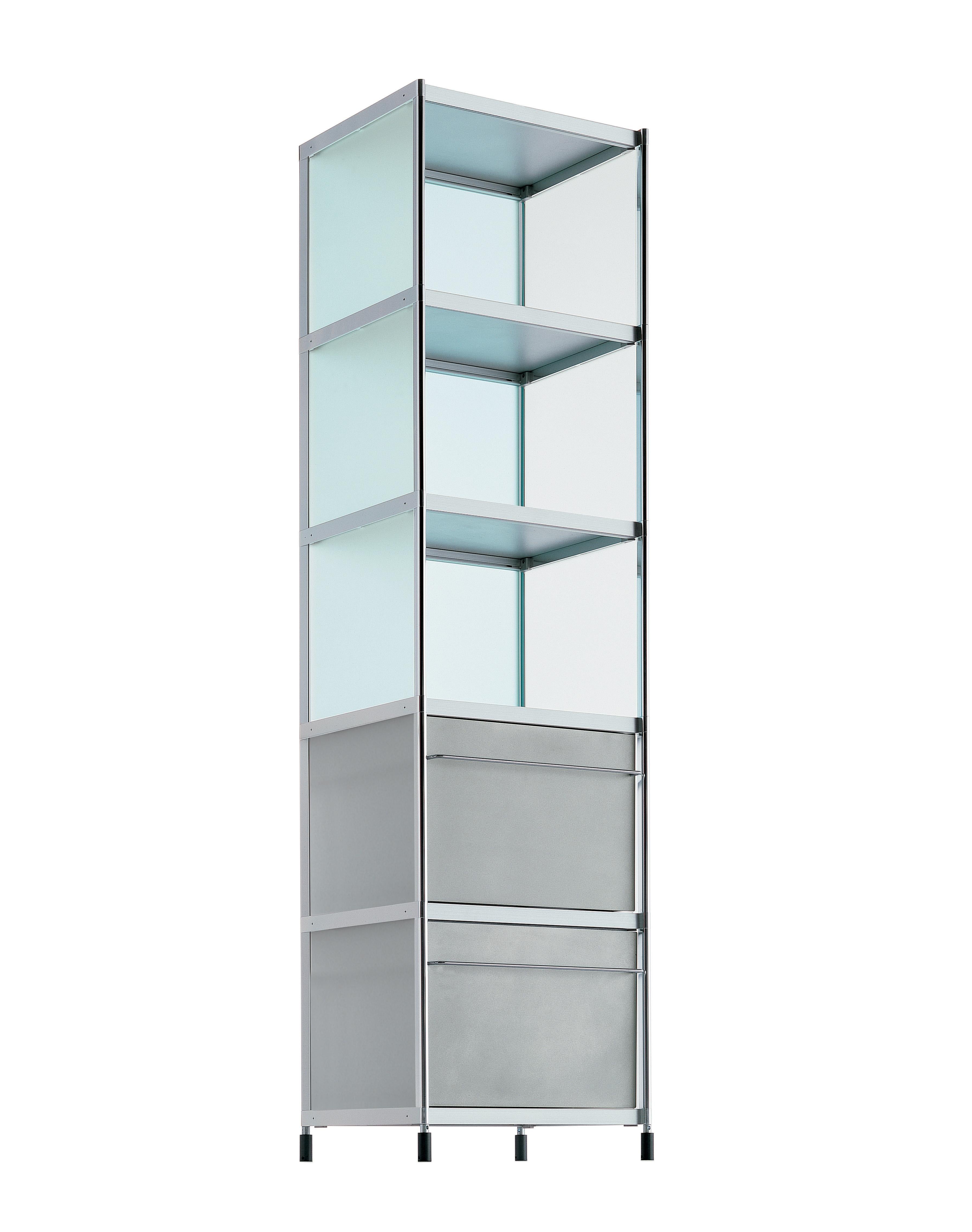 Alias SEC TOR008 Tower Cupboard in Lacquered Aluminum by Alfredo Häberli

Tower with structure in extruded aluminium profiles, 6 shelves and 2 flap doors in stove enamelled metal, lateral panels in methacrylate. Handles and 2 bracket bookends in