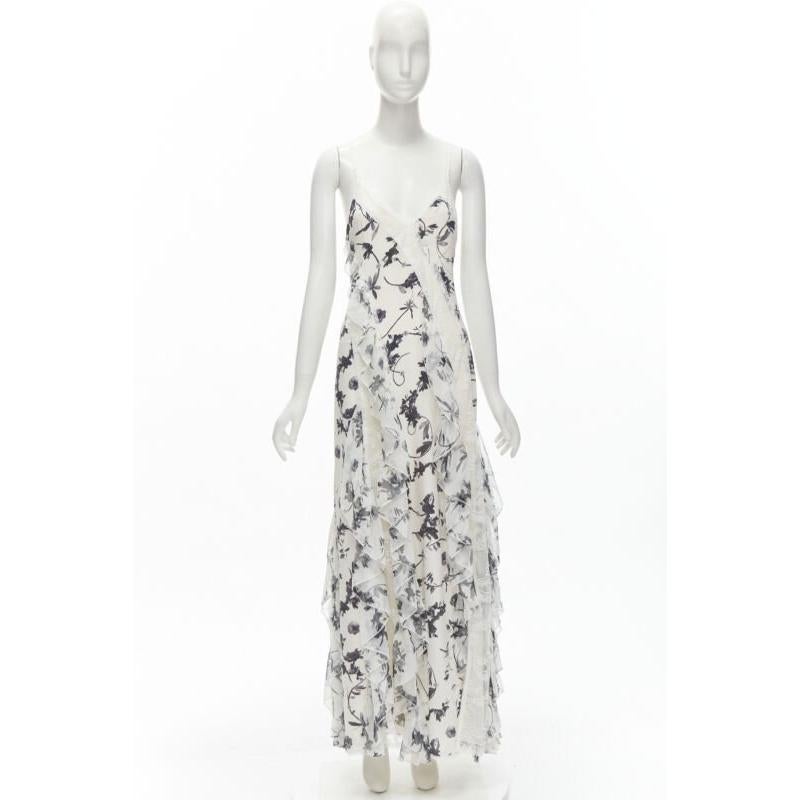 ALICA OLVIA Floral Crown 100% silk printed lace trim ruffle maxi dress US6 M For Sale 5