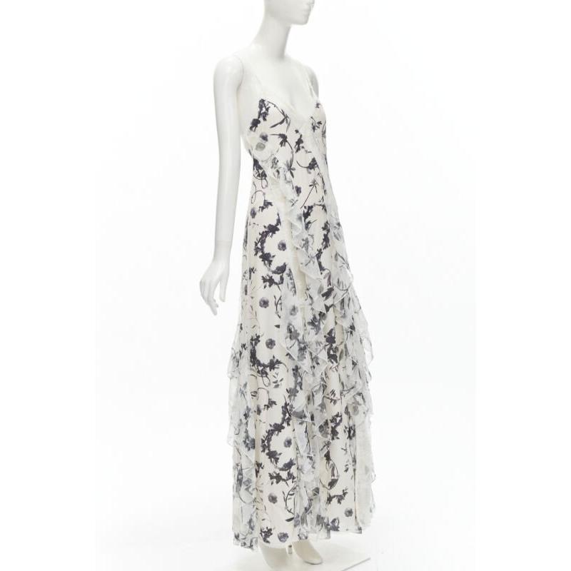 Gray ALICA OLVIA Floral Crown 100% silk printed lace trim ruffle maxi dress US6 M For Sale