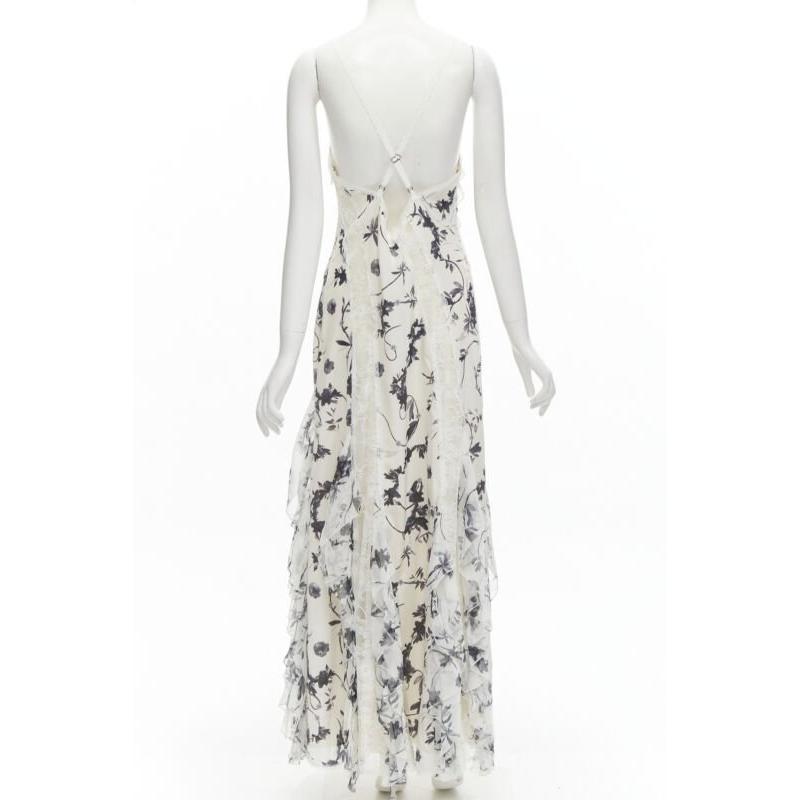 Women's ALICA OLVIA Floral Crown 100% silk printed lace trim ruffle maxi dress US6 M For Sale