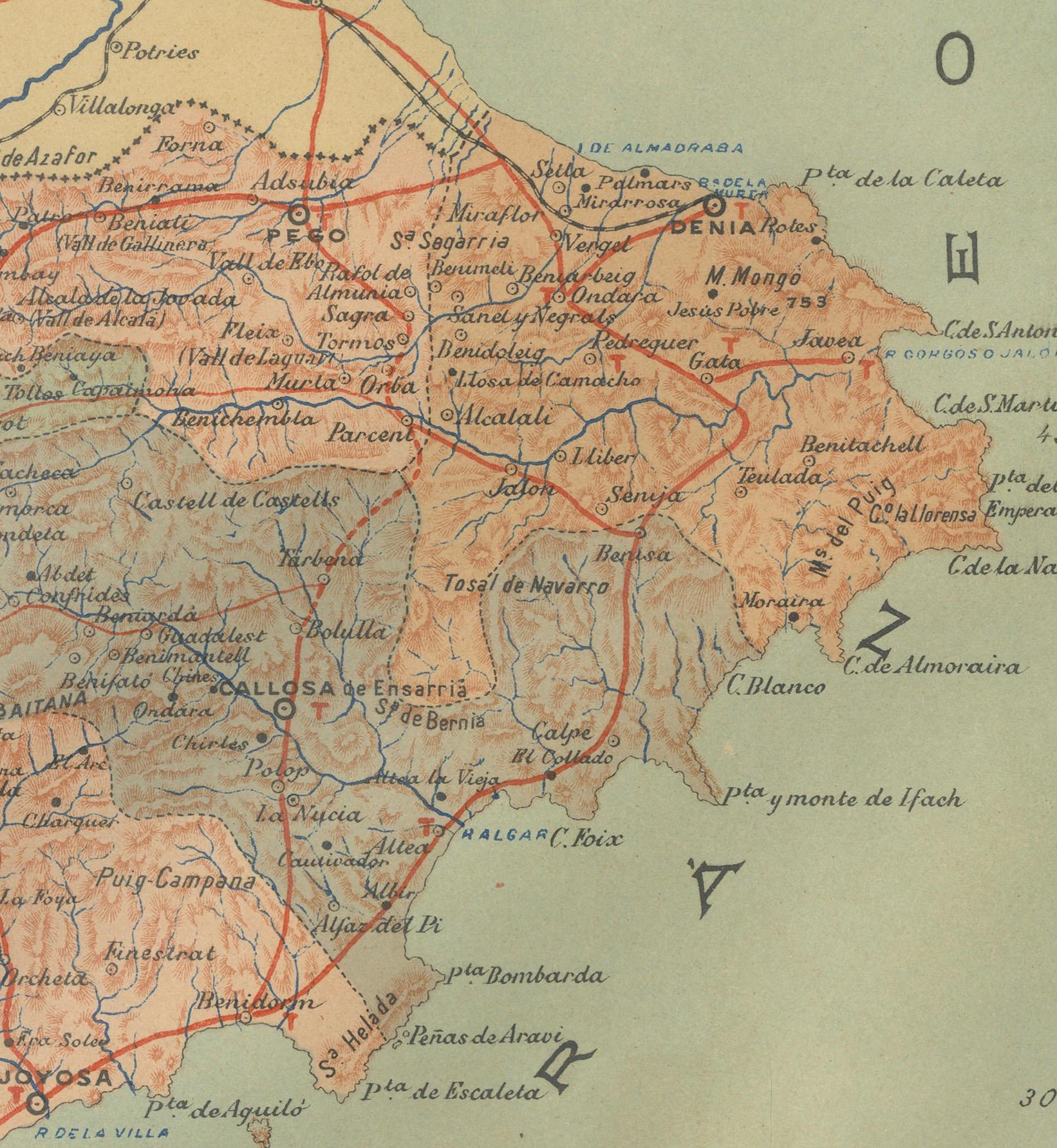 An original antique map of the province of Alicante, dated 1901. It is part of the atlas series by D. Benito Chias y Carbo, featuring cartographic elements.

Here are some characteristics of the map:

It outlines the borders of Alicante province