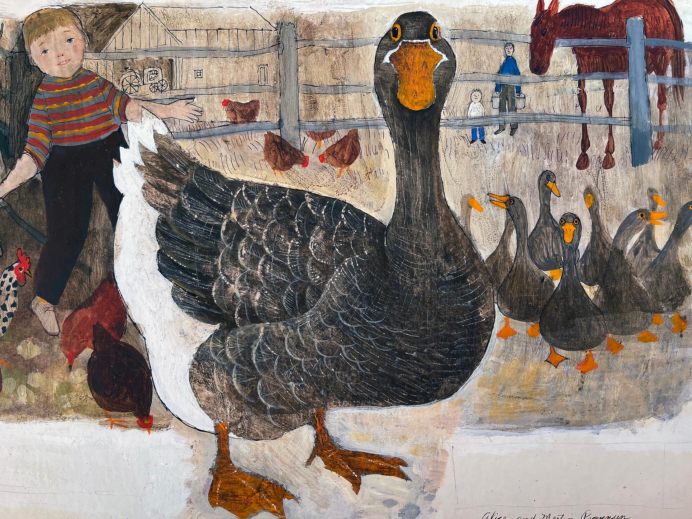 Duck in Farm with Horse, Goat and Chickens.  Children's book illustration - Outsider Art Painting by ALICE and  MARTIN PROVENSEN