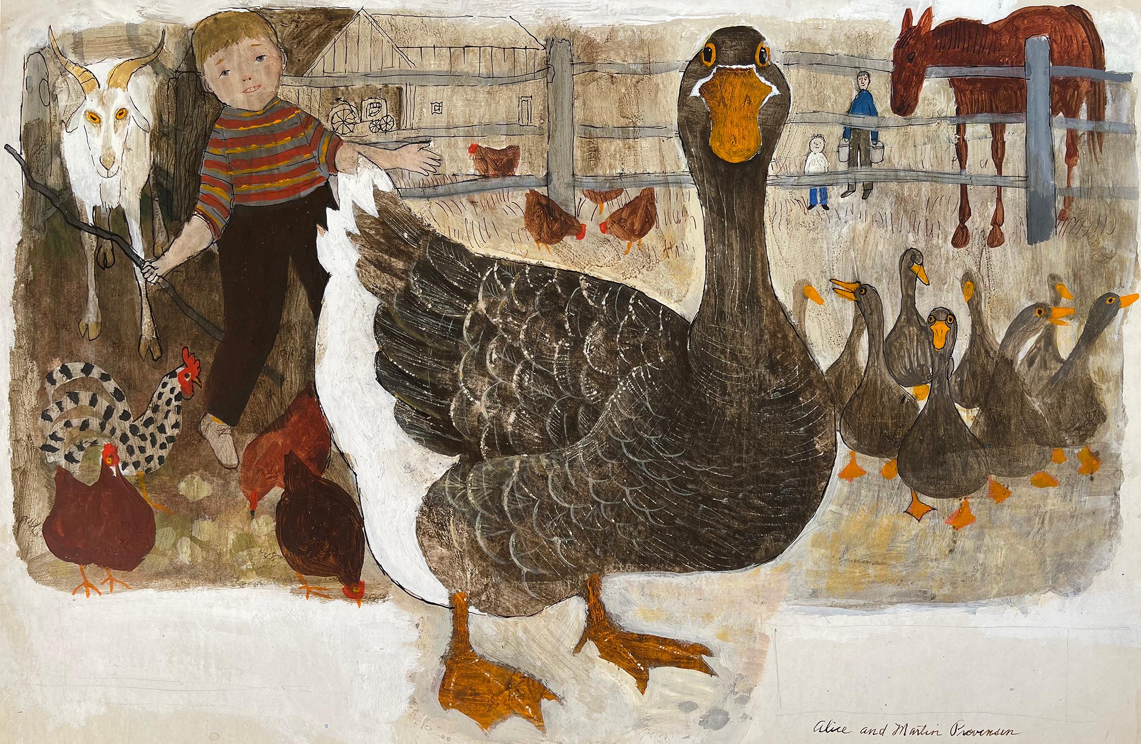 Duck in Farm with Horse, Goat and Chickens.  Children's book illustration