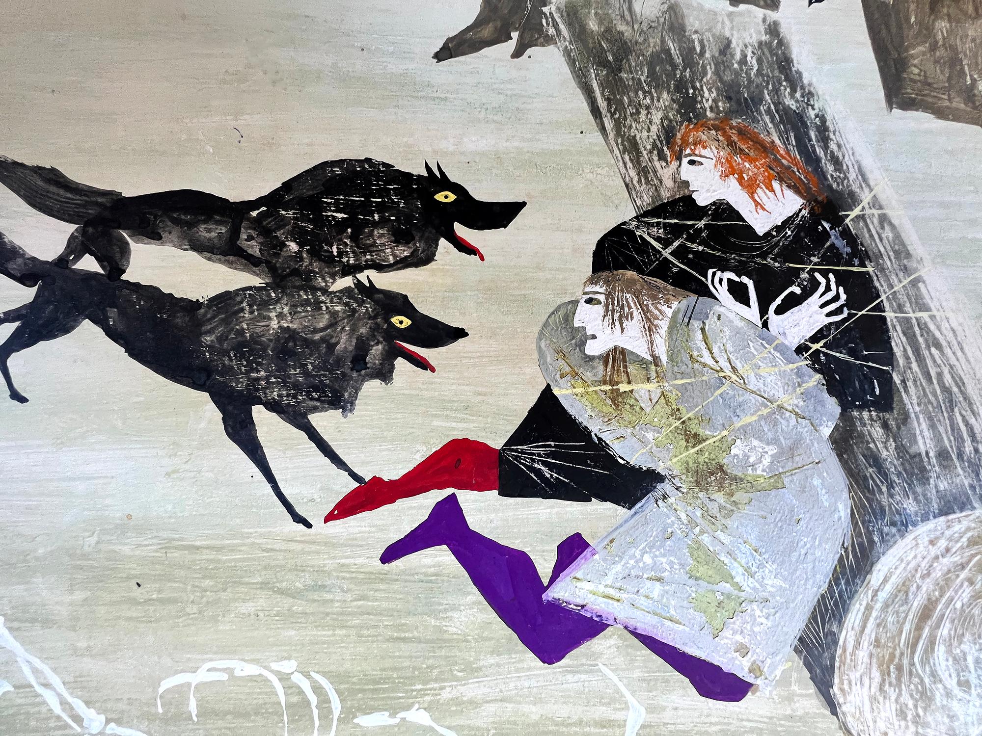 Lupi neri attaccano due persone legate, illustrazione per libri per bambini - Painting di Alice and Martin Provensen