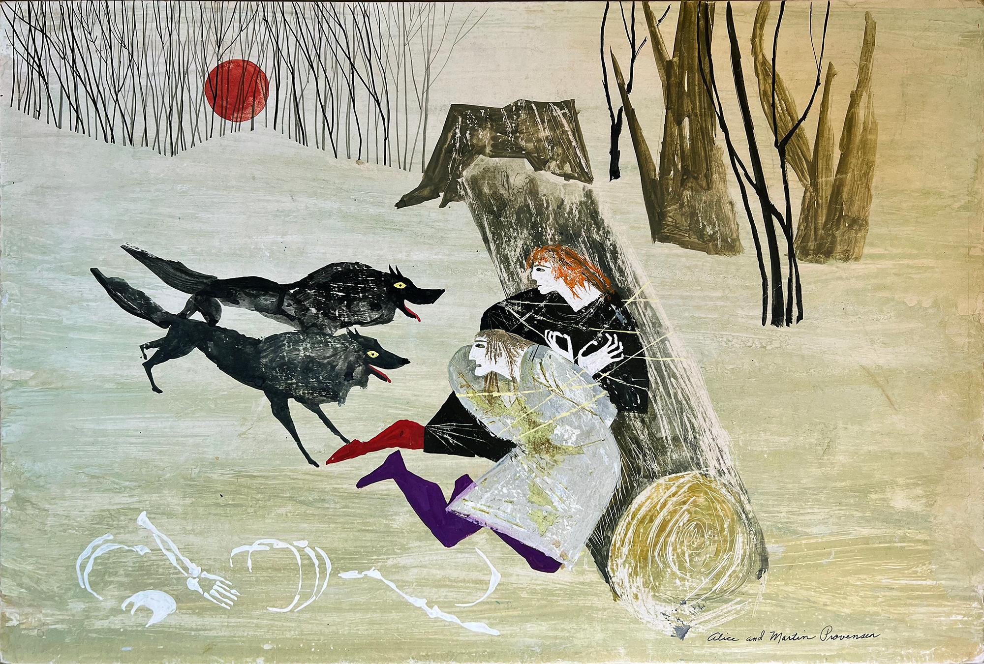 Lupi neri attaccano due persone legate, illustrazione per libri per bambini