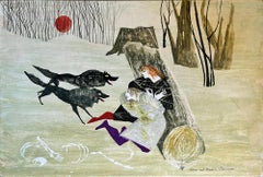 Vintage Black Wolves Attack Two People Tied Up, Children's Books Illustration 