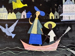 Girl in a Boat with Birds Mid-Century Children's Book Illustration Signed