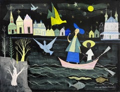 Girl in a Boat with Birds Mid-Century Children's Book Illustration Signed