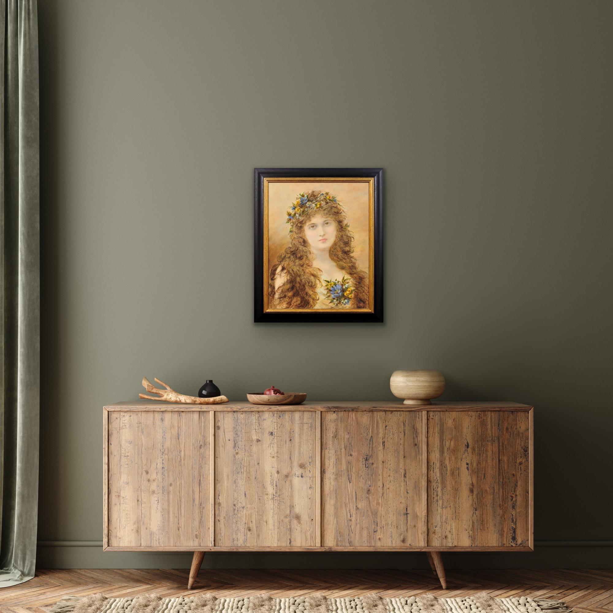 Alice Anne Renshaw. 
Anglais ( b.1849 - d.1900 ).
Primavera. Jeune femme avec des fleurs de printemps dans les cheveux.
Aquarelle, gouache et pastel sur carton d'artiste (un cachet imprimé en bas à droite indique 'Turnbull's Superfine London