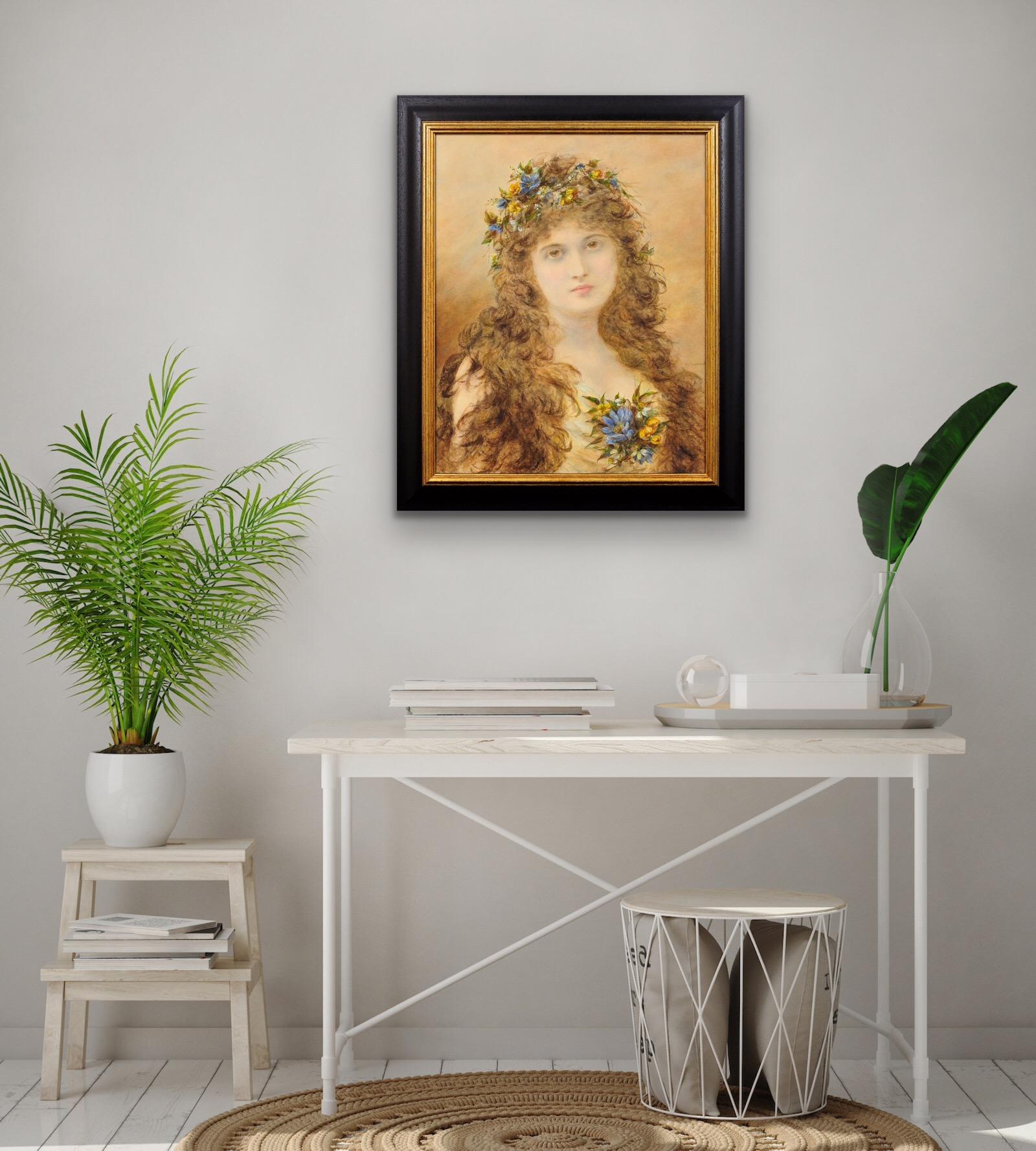 Primavera Peinture victorienne d'une jeune femme avec des fleurs de printemps dans les cheveux en vente 3