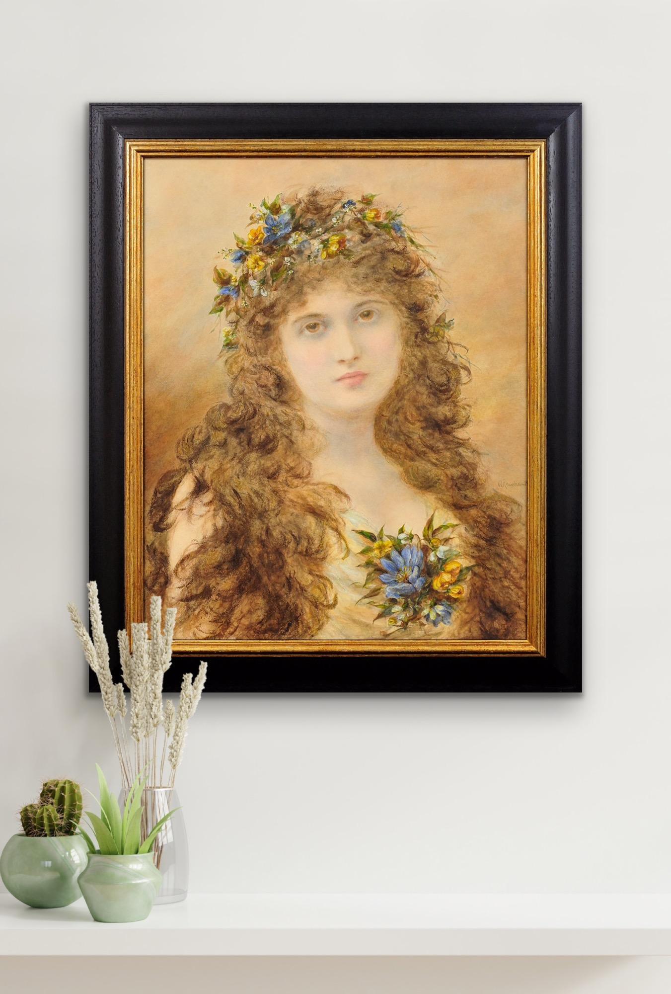 Primavera Peinture victorienne d'une jeune femme avec des fleurs de printemps dans les cheveux en vente 4