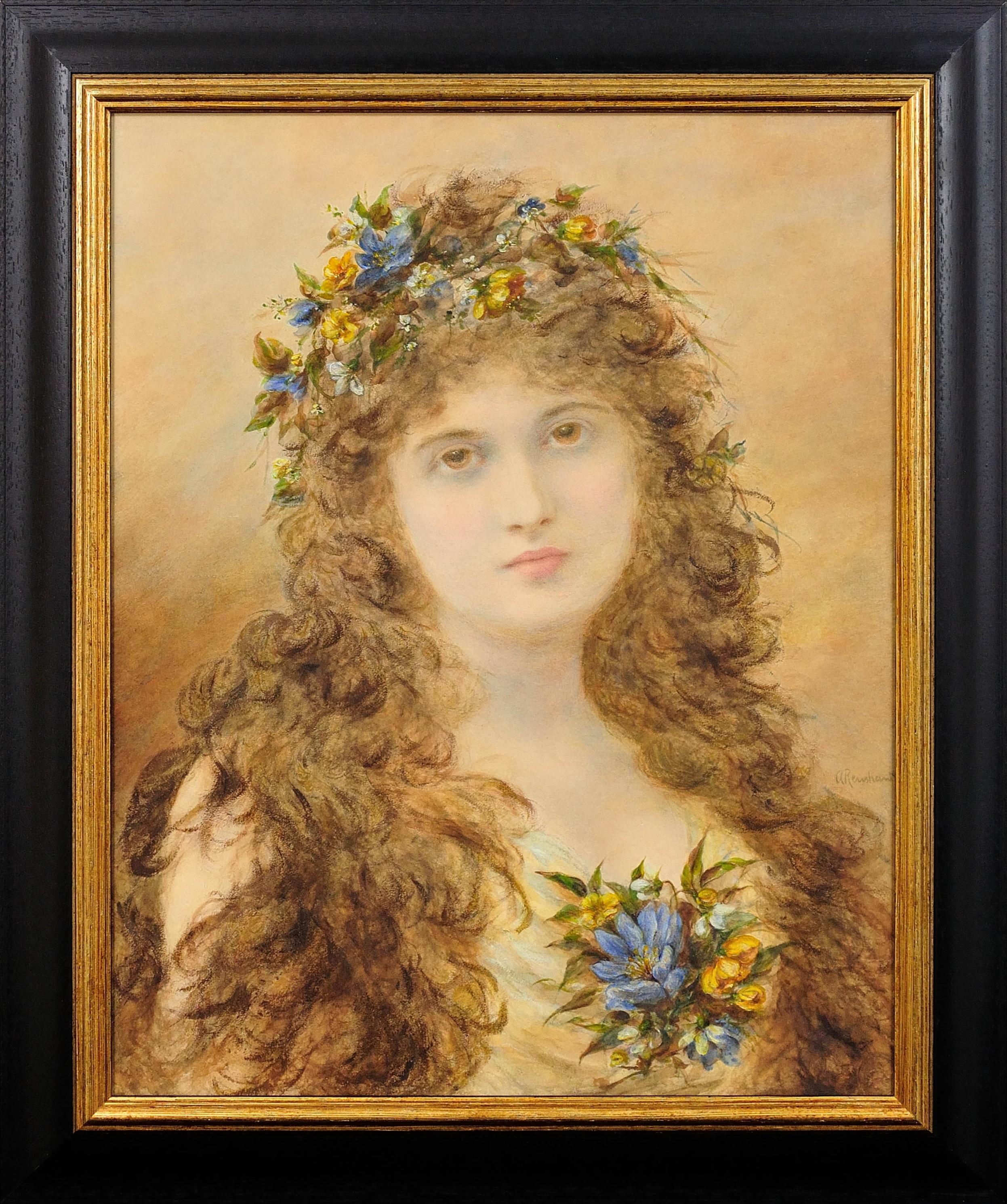 Primavera viktorianische Malerei einer jungen Dame mit Frühlingsblumen im Haar