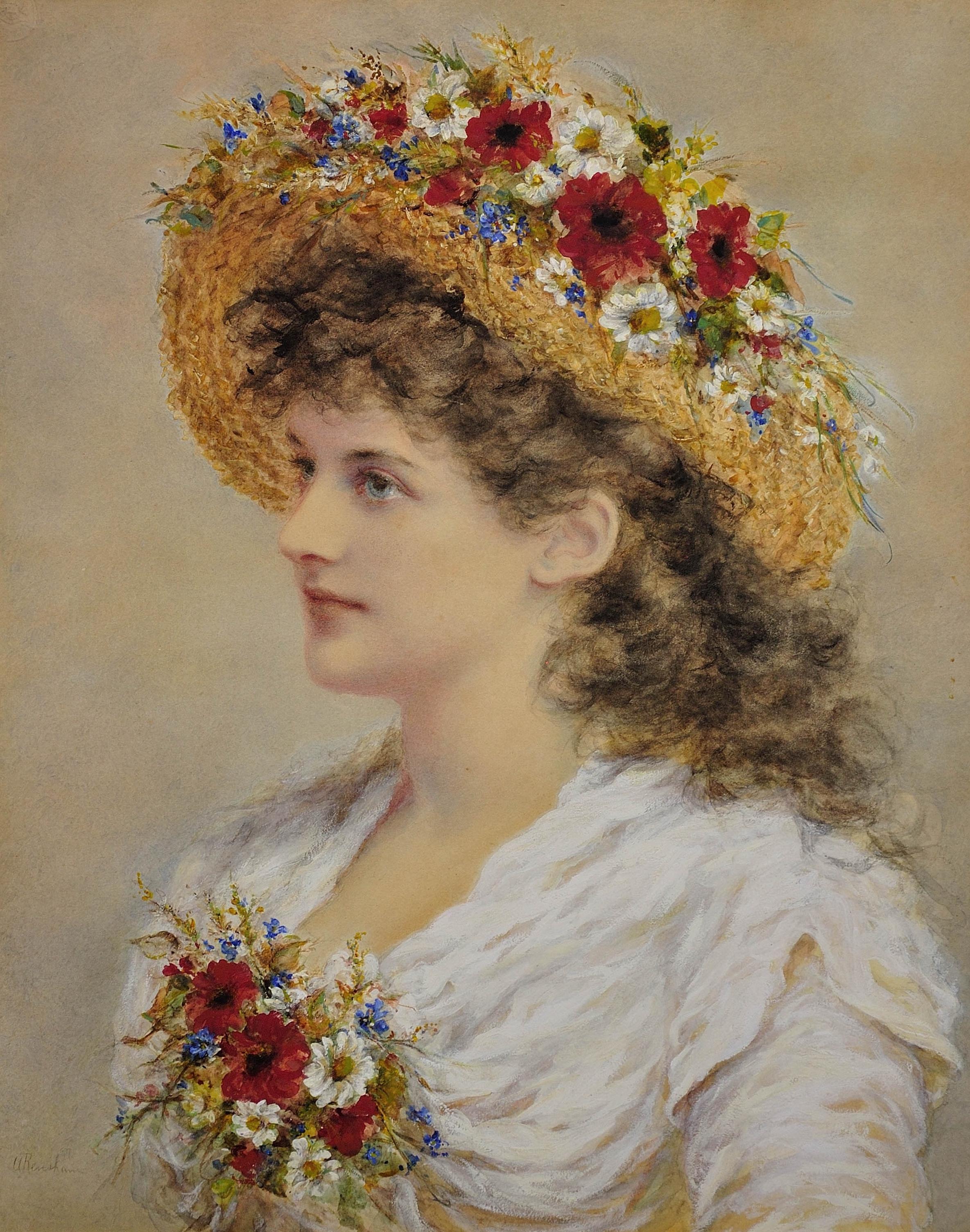 Summer Fashion. Young Victorian Lady With Meadow Flowers In Her Straw Hat - Painting by Alice Anne Renshaw