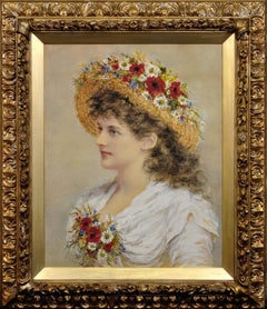 Sommermode. Viktorianische junge viktorianische Dame mit Meadow-Blumen in ihrem Strohhut