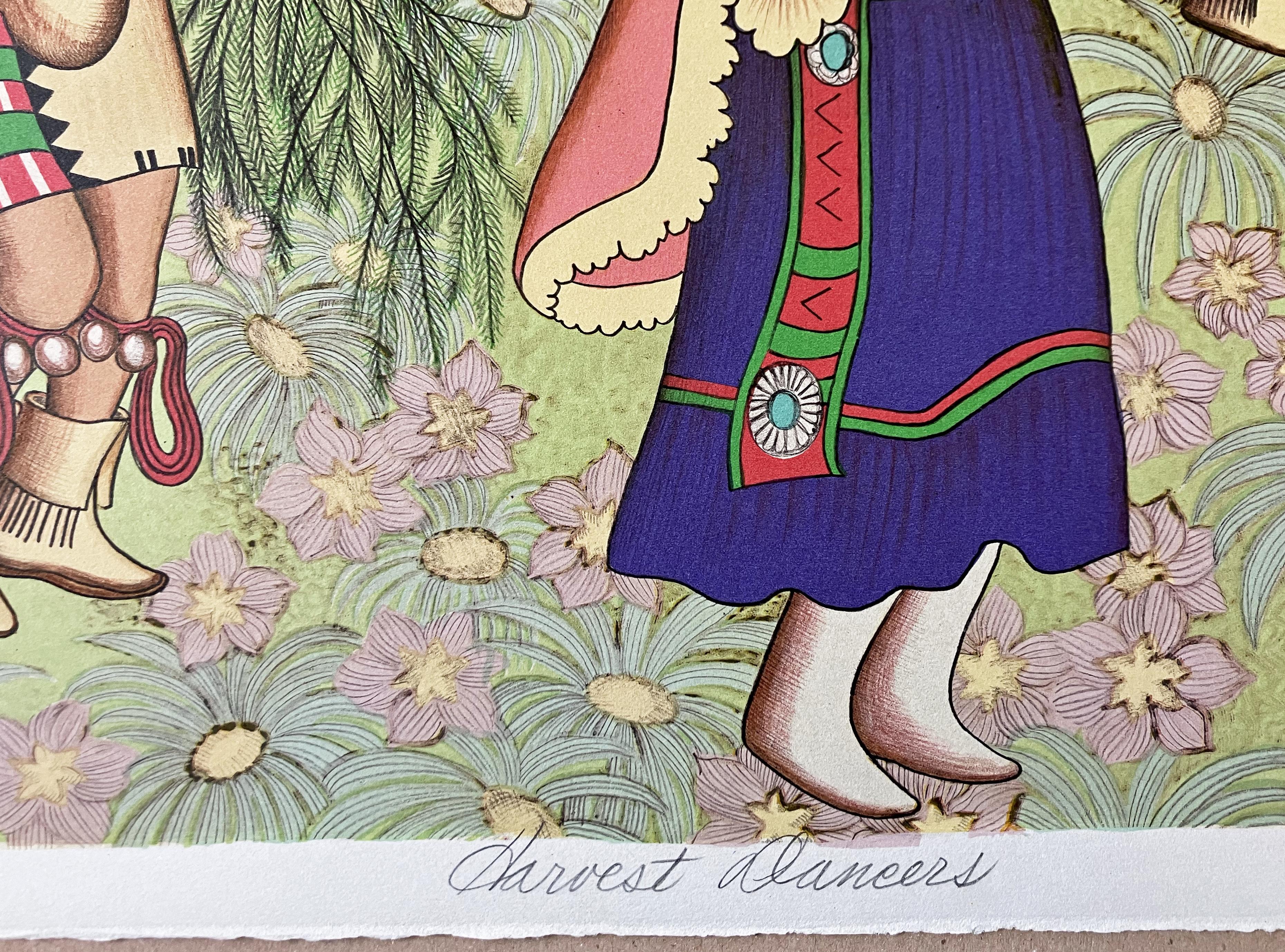 Künstlerin: Alice Asmar Amerikanerin (1929-  )
Titel: Harvest Dancers
Jahr: 1980
Medium: Lithographie
Größe des Visiers: 20,5 x 29,25 Zoll. 
Blattgröße: 22 x 30 Zoll. 
Unterschrift: Signiert unten rechts
Auflage: 100. Diese: 8/100
Zustand: Sehr gut