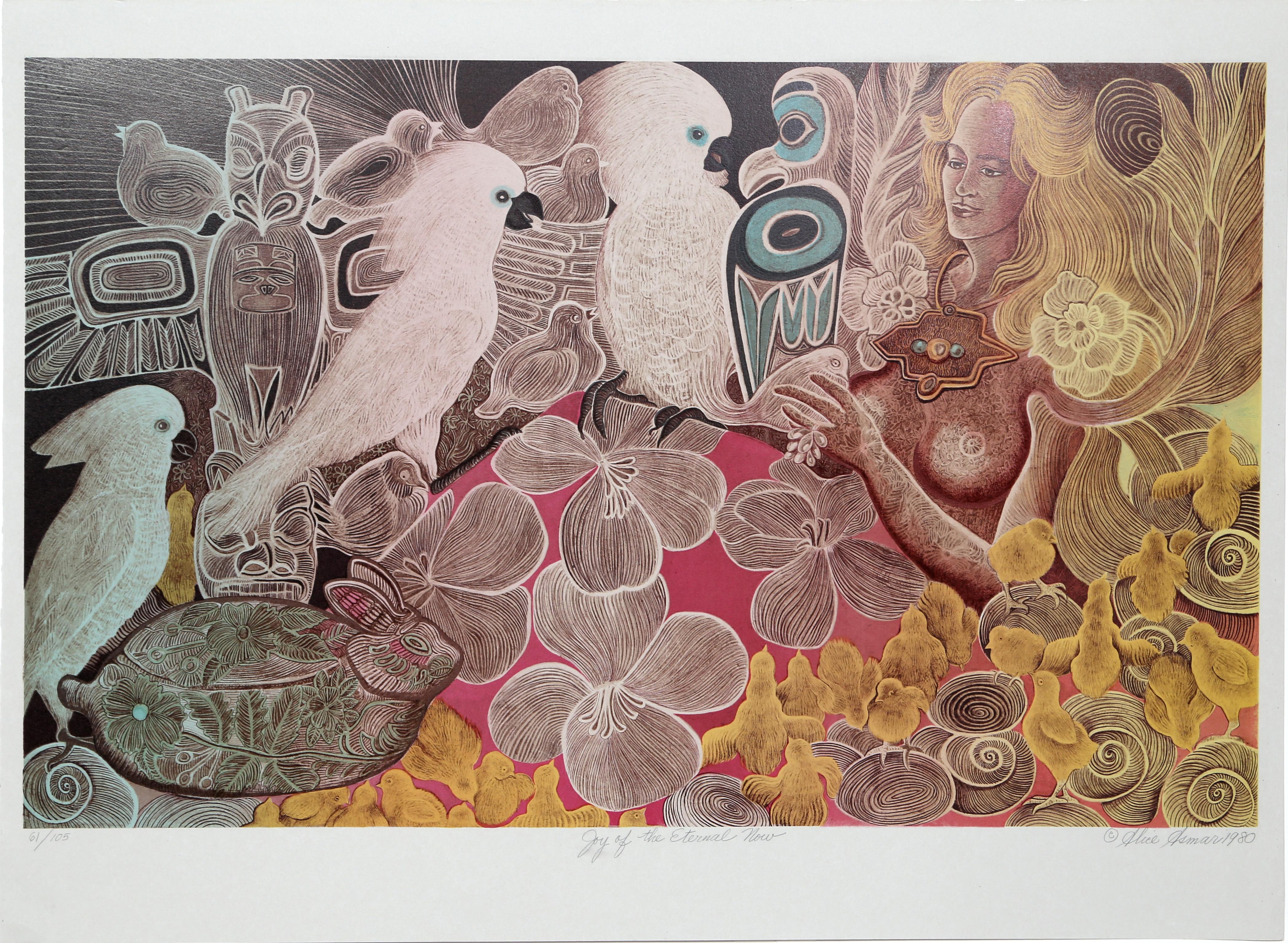 Artist: Alice Asmar, American (1929 - )<br />Title: Joy of the Eternal Now<br />Year: Circa 1980<br />Medium: Lithograph, signed and numbered in pencil<br />Edition: 105<br />Image Size: 17.5 x 28.5 inches<br />Size: 22 in. x 30 in. (55.88 cm x 76.2