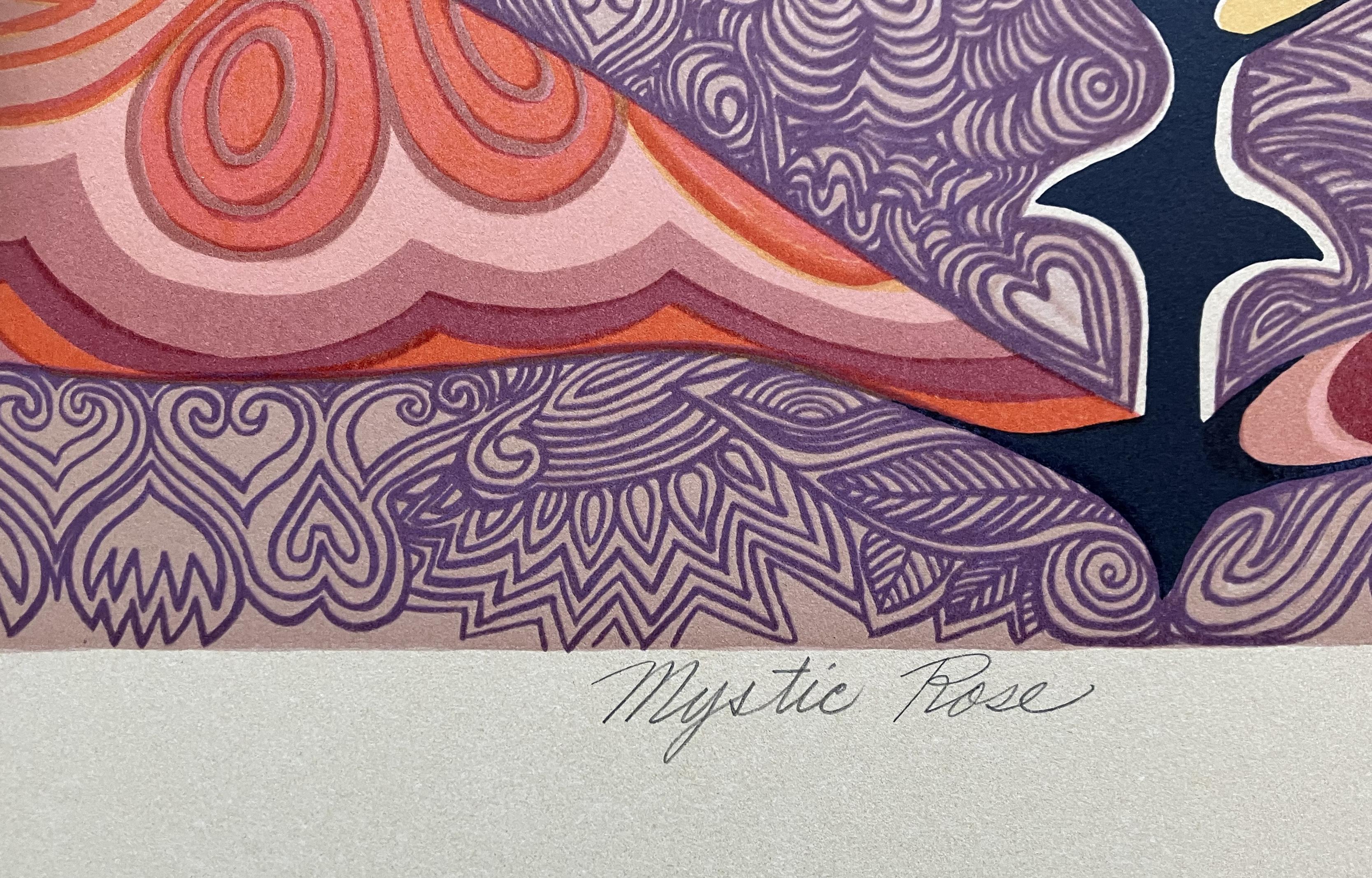 Artistics : Alice Asmar Américaine (1929-  )
Titre : Rose mystique
Année : 1980
Support : Lithographie sur papier BFK Rives
Taille de la vue : 22 x 21 pouces. 
Taille de la feuille : 30 x 22 pouces. 
Signature : Signé en bas à droite
Édition : 115.
