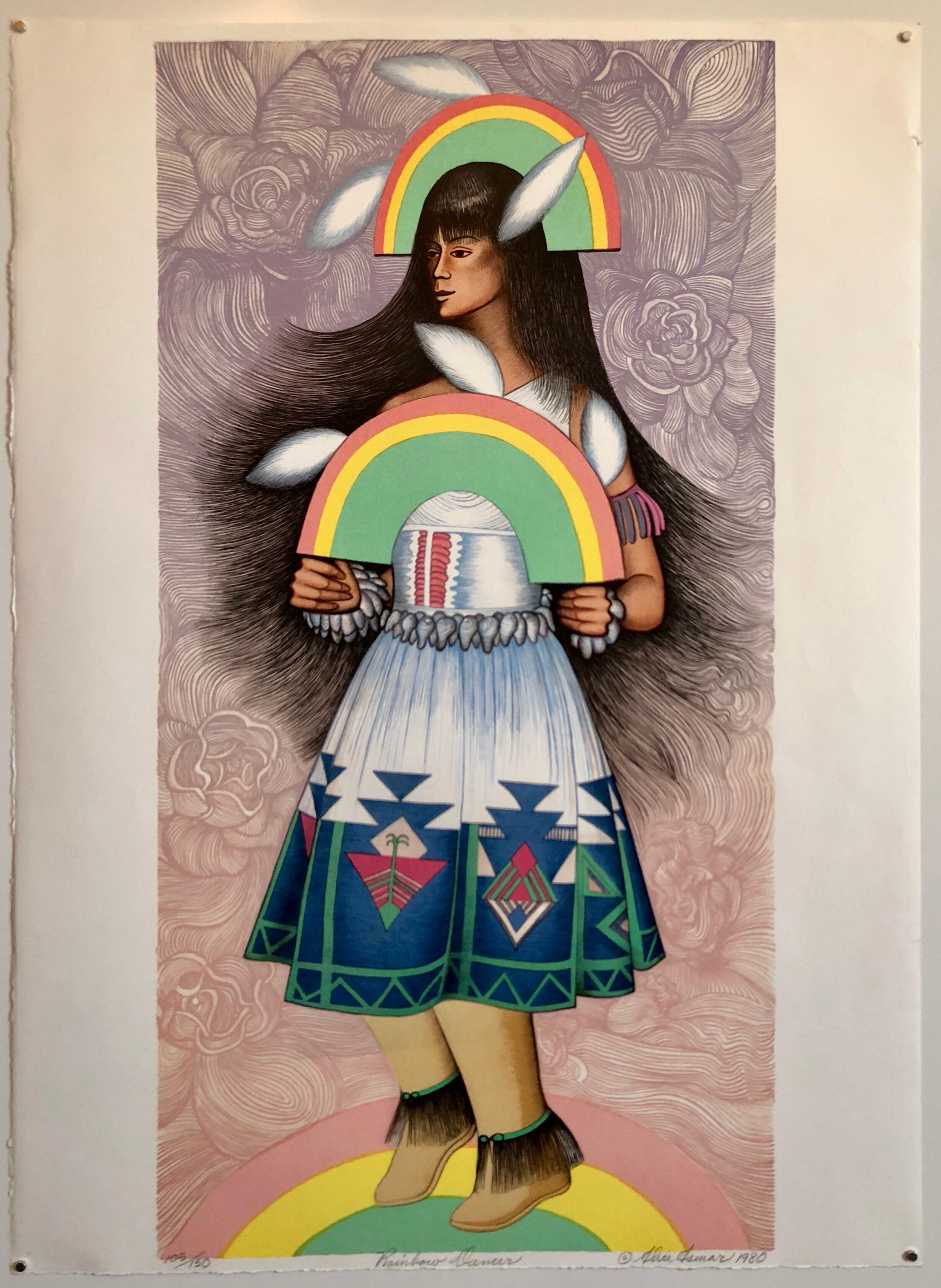 Rainbow Dancer, Native American Indian Lithograph California Woman Artist - Brown Figurative Print by Alice Asmar