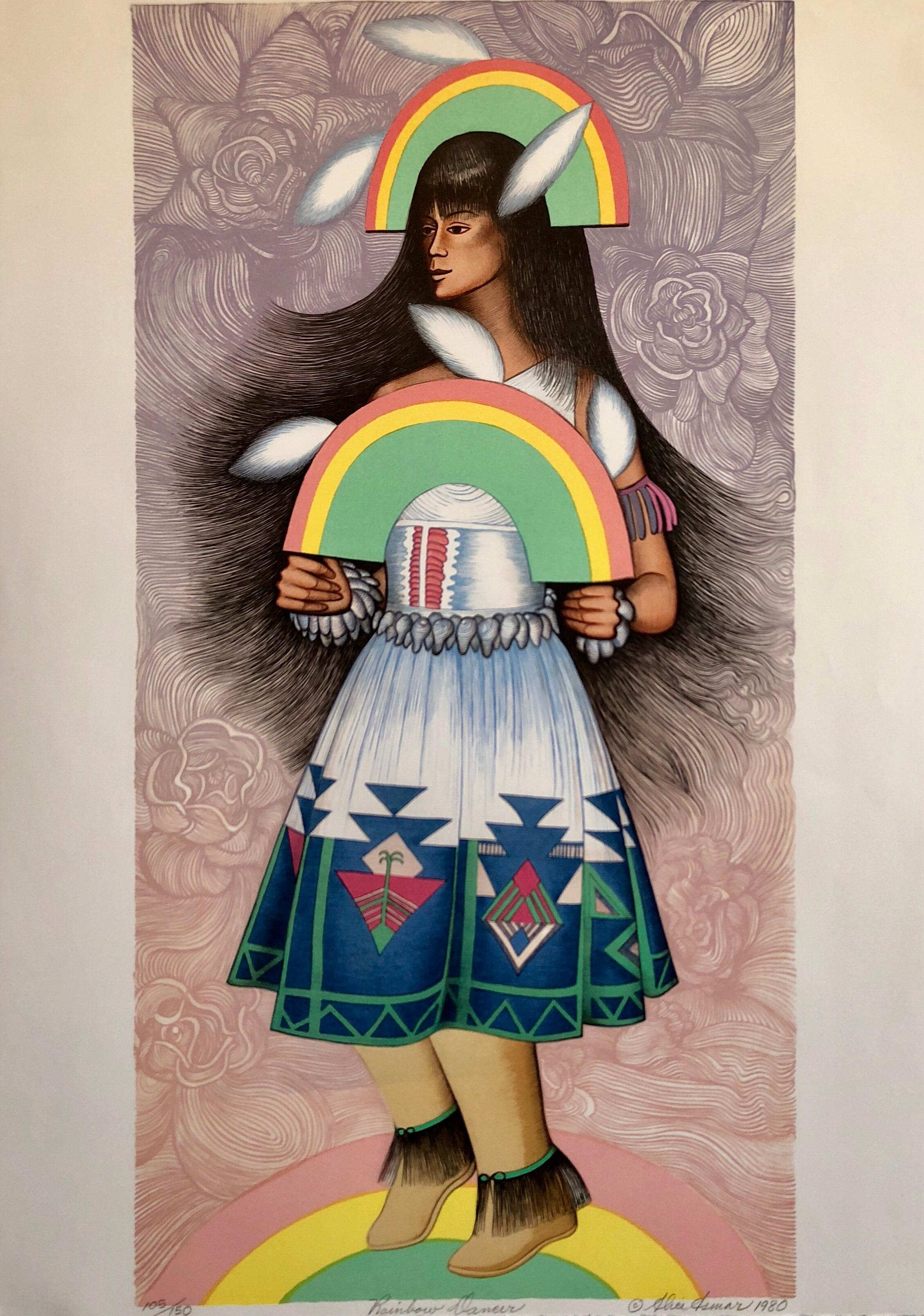 Alice Asmar Figurative Print - Rainbow Dancer, Native American Indian Lithograph California Woman Artist