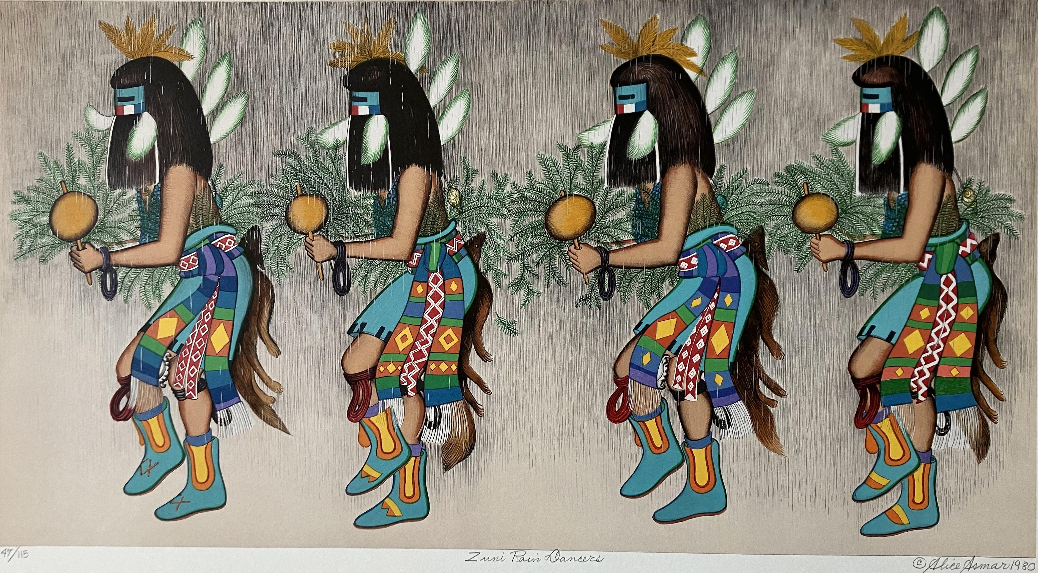 Zuni Rain Dancers - Gray Figurative Print by Alice Asmar