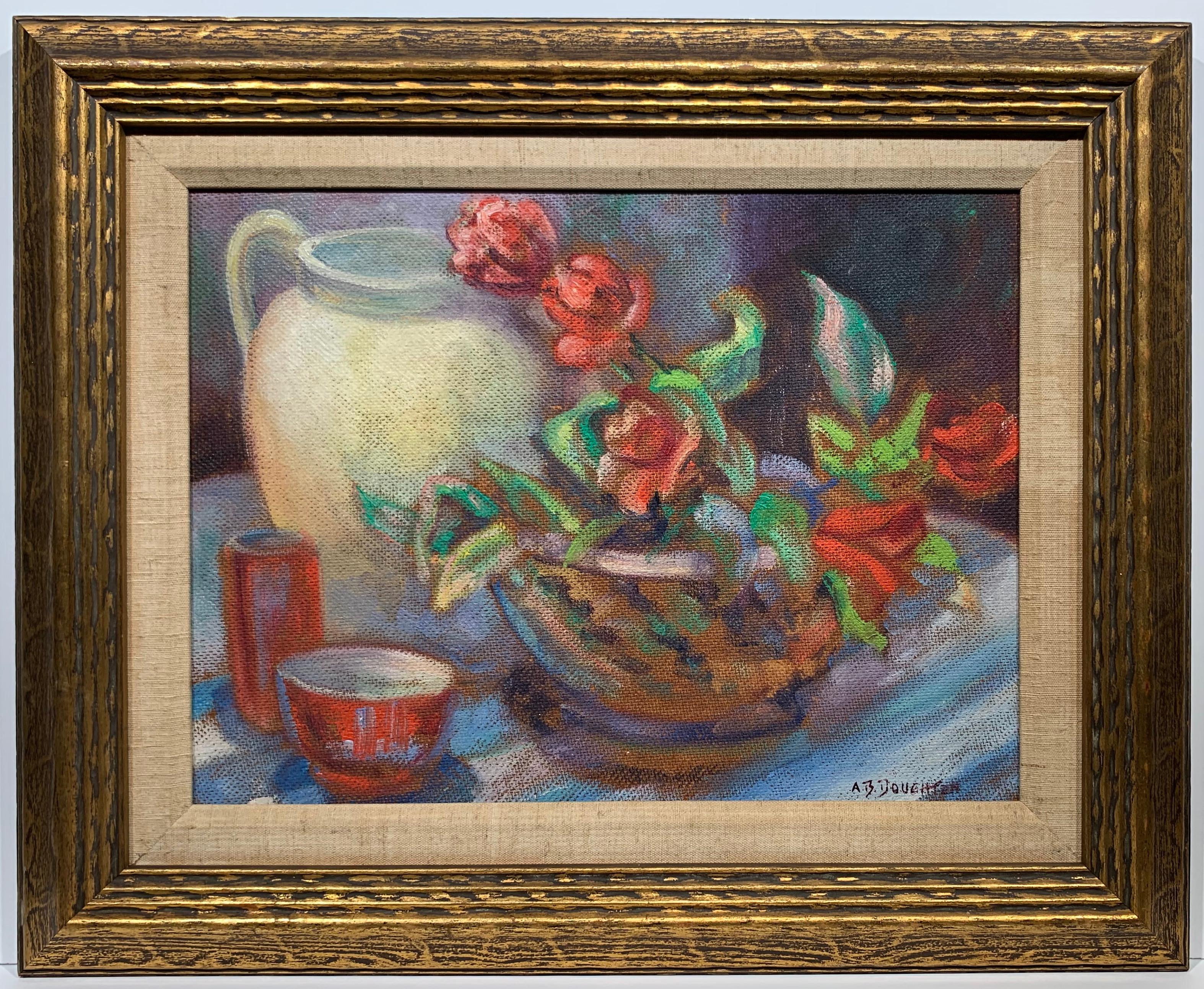 Alice B. Doughten Still-Life Painting - Still Life with Roses and Pitcher (PA Impressionist woman artist)