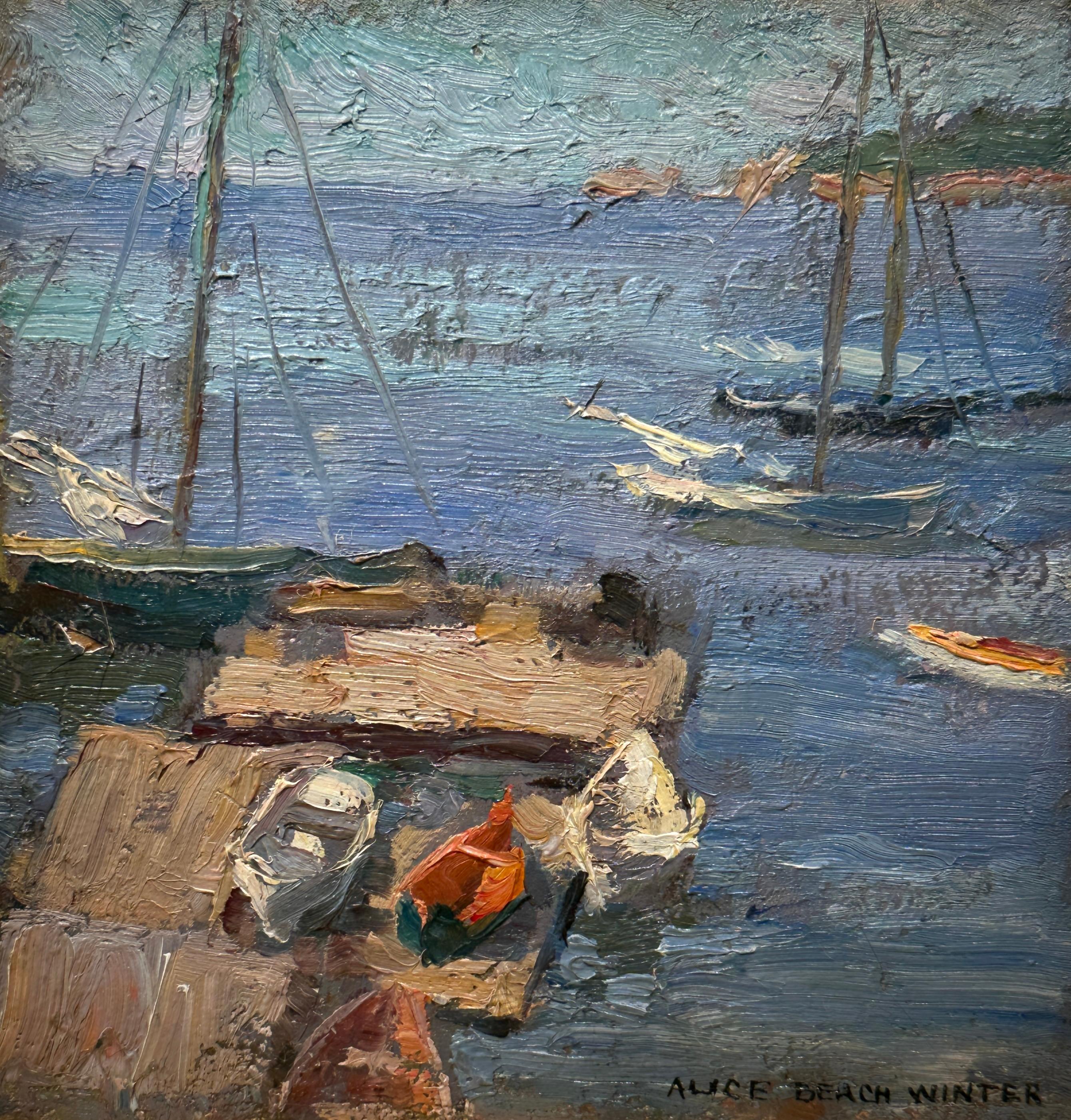 Alice Beach Winter Gloucester, Mass beautiful oil seascape of boats